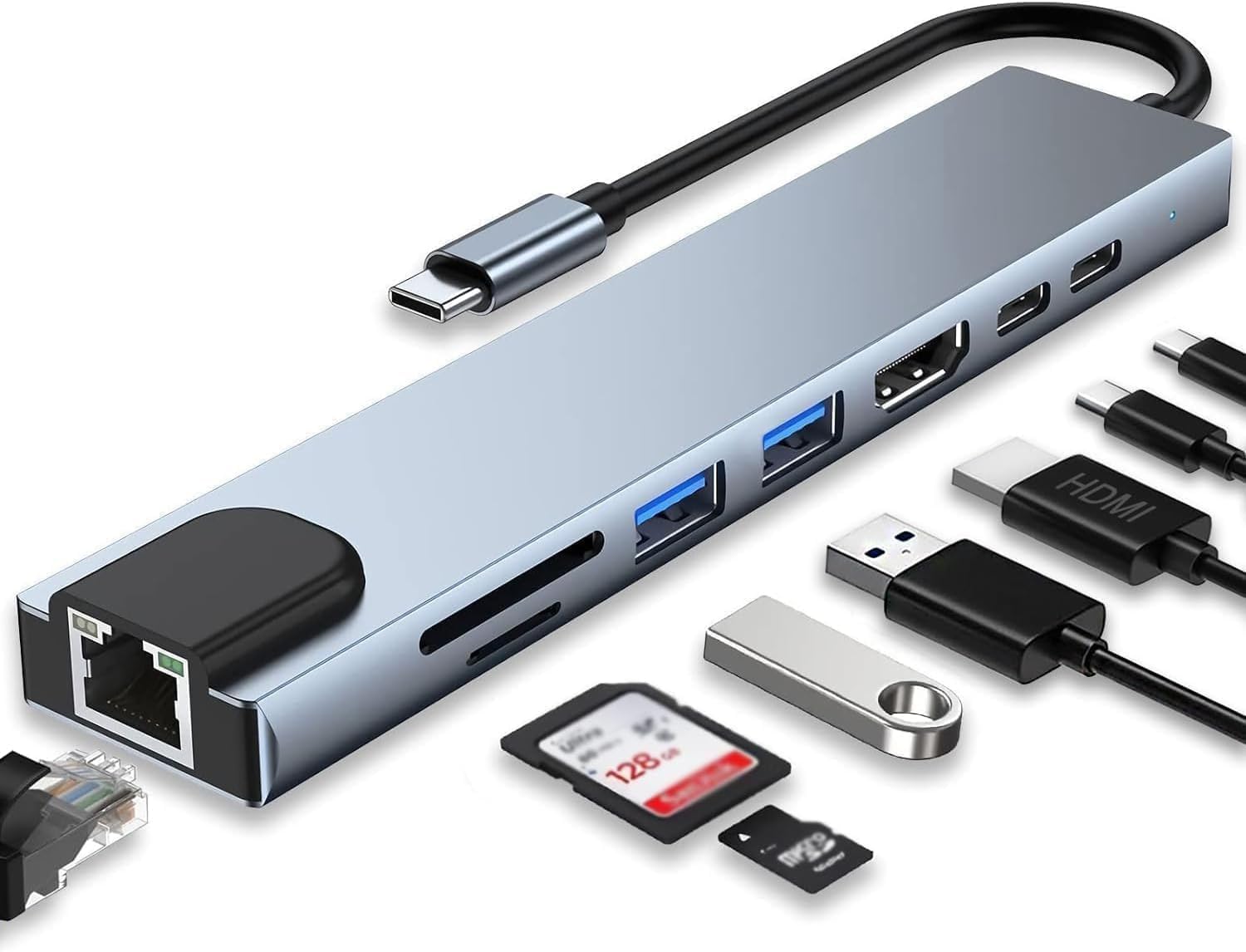 Adaptador Hub 8 em 1 USB-C com HDMI 4K + VGA + RJ45 + PD 100W + 2 USB 3.0 + SD/TF - Para MacBook, Windows, Chromebook, Notebook, Tablet e Celular Conversor Multiportas USB-C para HDMI/VGA/Ethernet