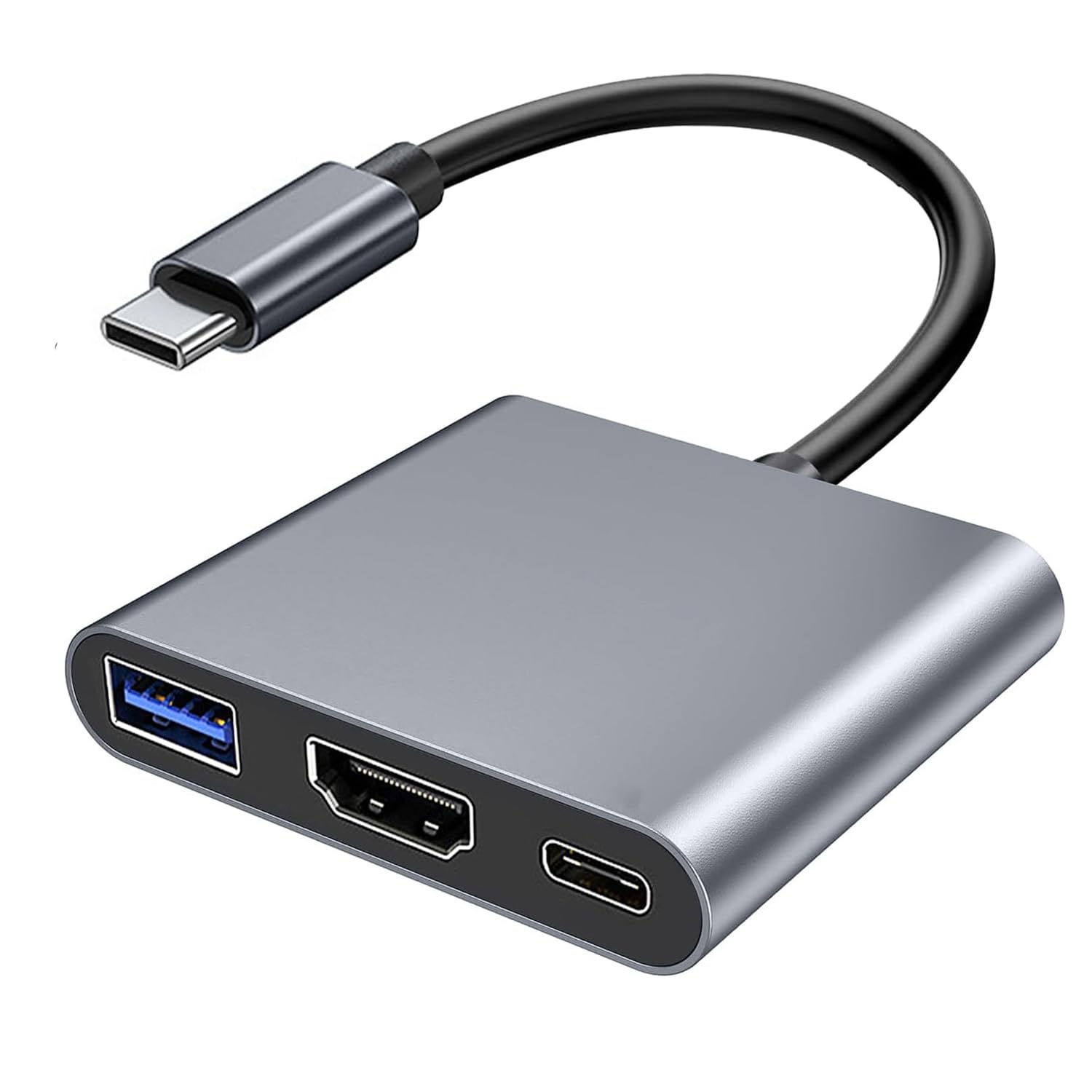 Adaptador USB-C 3 em 1, Hub HDMI 4K, USB 3.0, Carregamento Rápido, Compatível com MacBook e DEX Android, Cinza