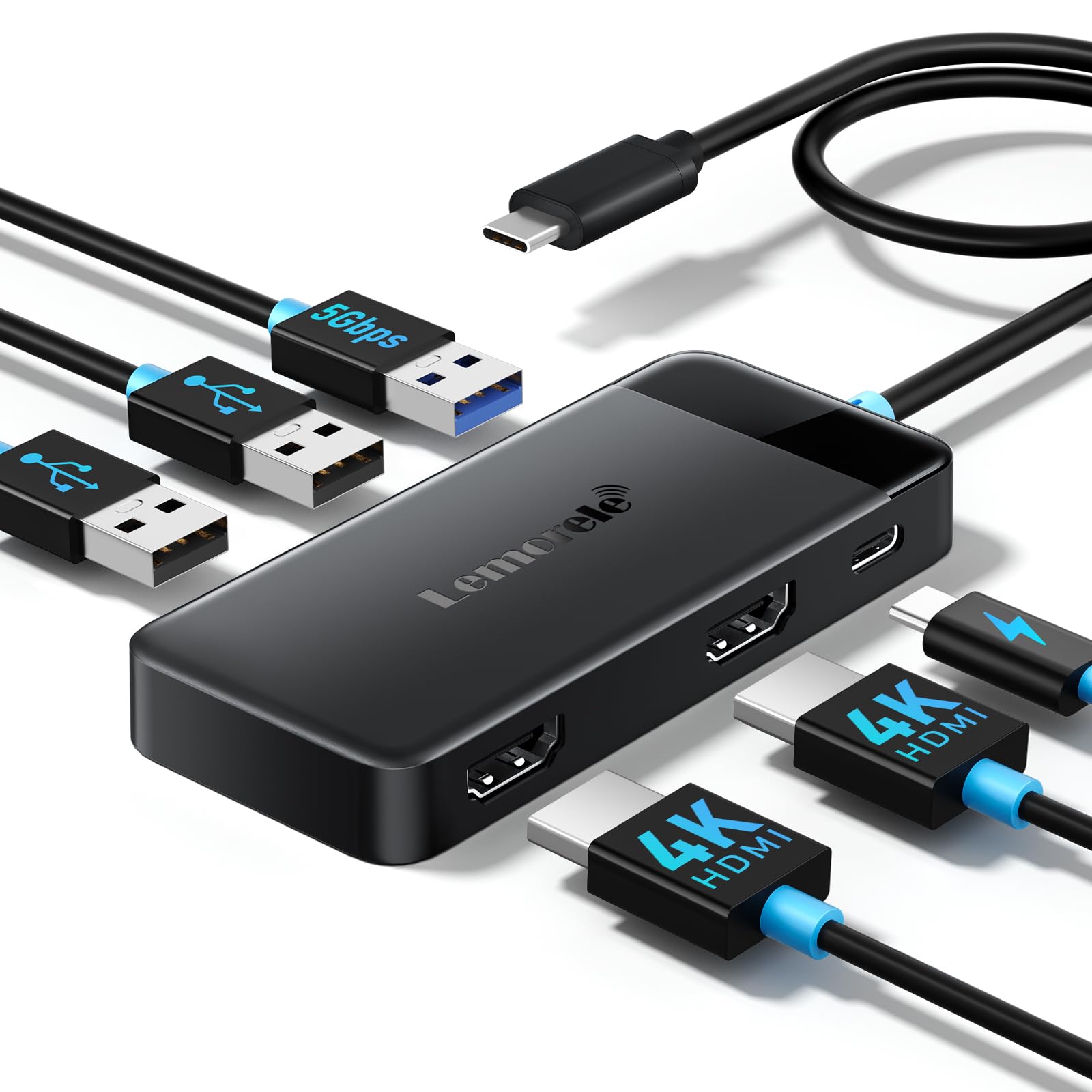 Lemorele Dock Station 2 HDMI 4K 30Hz para 2 Monitores, Adaptador USB C 6 em 1 com 3 Portas USB 3.0, PD 100W, Compatível com MacBook, Dell, HP, Surface 6