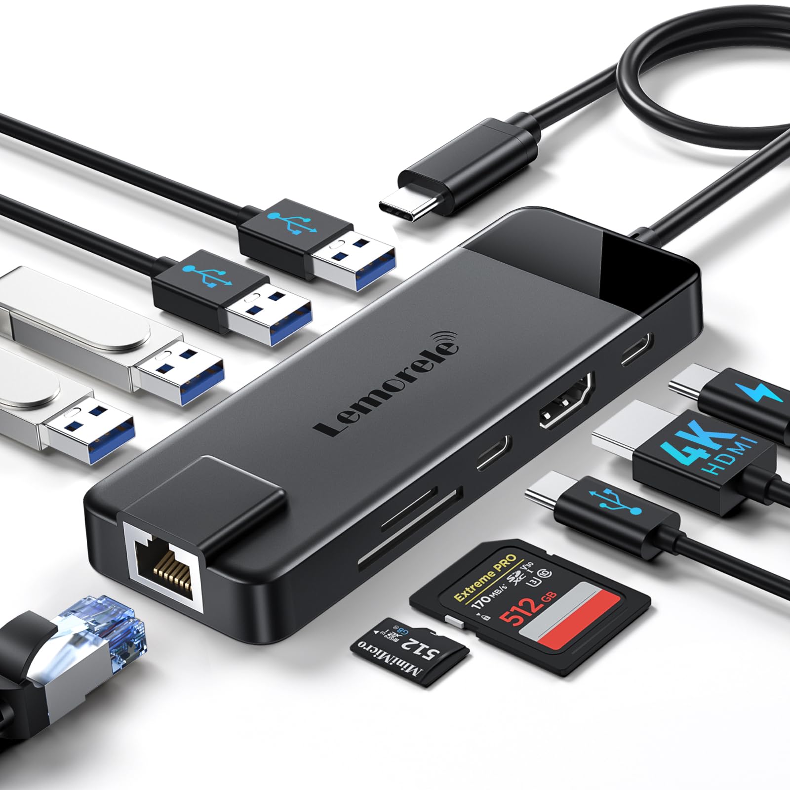 Lemorele Adaptador Hub 10 em 1 USB-C com Ethernet Gigabit, HDMI 4K, 4 Portas USB 3.0, PD 100W e Leitor SD/TF - Plug & Play para MacBook Air/Pro, iPad, Steam Deck e Switch