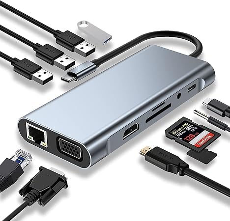 Hub Adaptador USB-C 11 em 1 Dock Station | HDMI 4K, VGA, Ethernet RJ45, 4x USB e Leitor SD | Compatível com MacBook Pro/Air M1 M2 M3, Dell XPS, Samsung Galaxy e Notebooks Tipo C