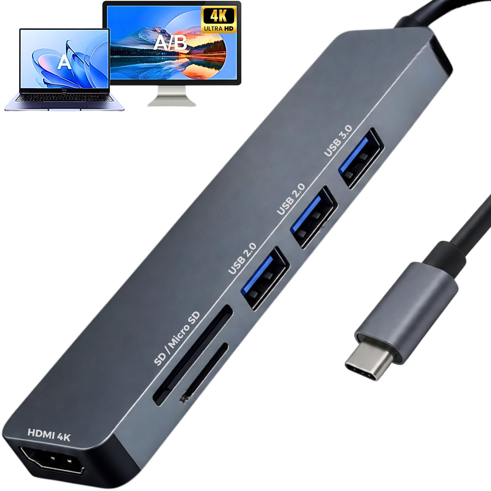Hub USB-C 3.0 Extensor Adaptador 6 em 1 - HDMI 4K, USB 3.0, USB 2.0, Leitor de Cartão SD/TF - Compatível com Notebook, Macbook, Ipad, Dock Station, Dex, Raspberry - Compacto em Alumínio