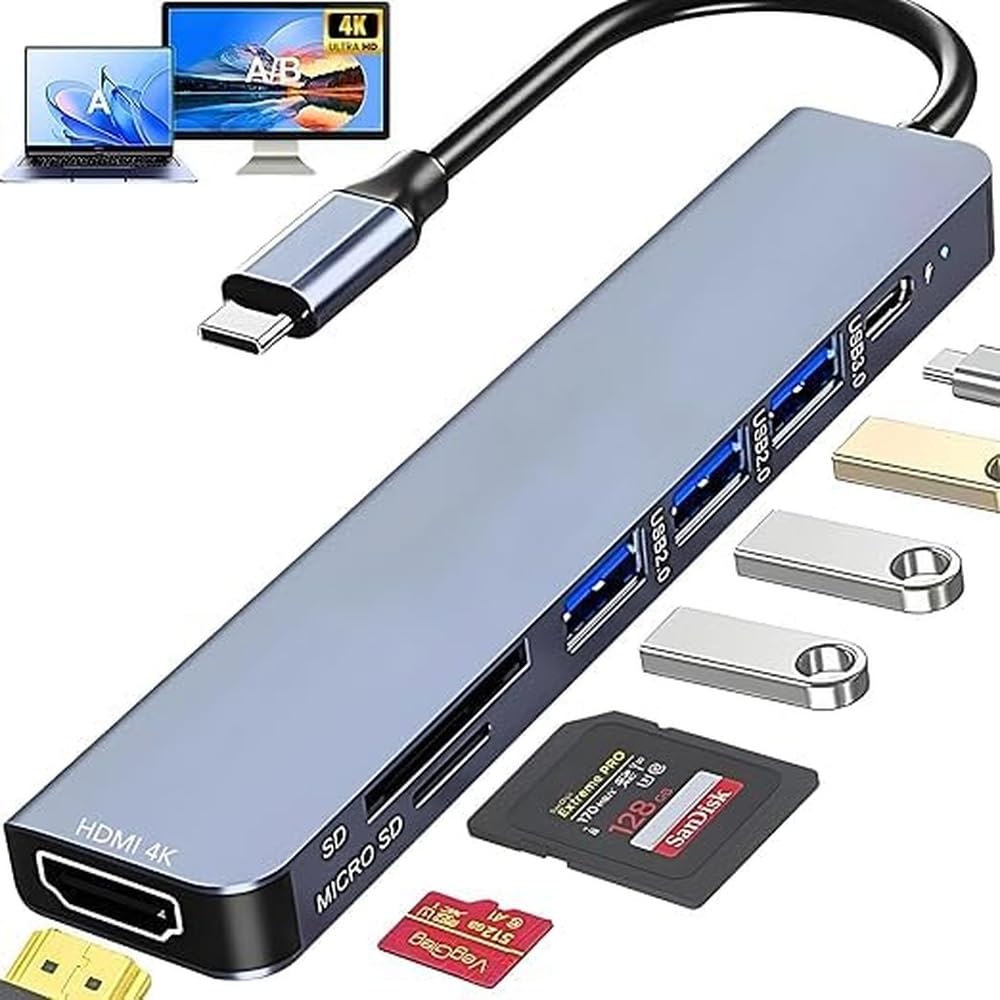 Hub USB-C 7 em 1 Dock Station HDMI 4K PD 100W Leitor SD/TF | Compatível com notebooks, MacBook, tablets e celulares USB-C. HDMI 4K, carregamento PD 100W e leitor SD/TF.