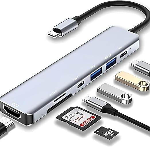 Adaptador Hub USB-C 7 em 1 Premium com HDMI 4K 60Hz | 3 Portas USB 3.0 | Leitor de Cartão SD/TF | Power Delivery PD Carregamento Rápido | Multiportas para Notebook MacBook Tablet Celular