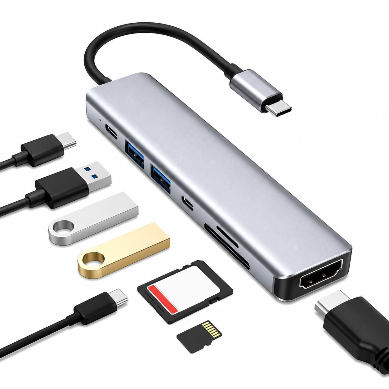 Hub USB-C 7 em 1 adaptador, extensor em Alumínio, HDMI 4K, 2x USB 3.0, PD 100W, Leitor de cartão SD/TF, Compatível com Notebook, MacBook e iPad, Dock Station, Dex, Raspberry