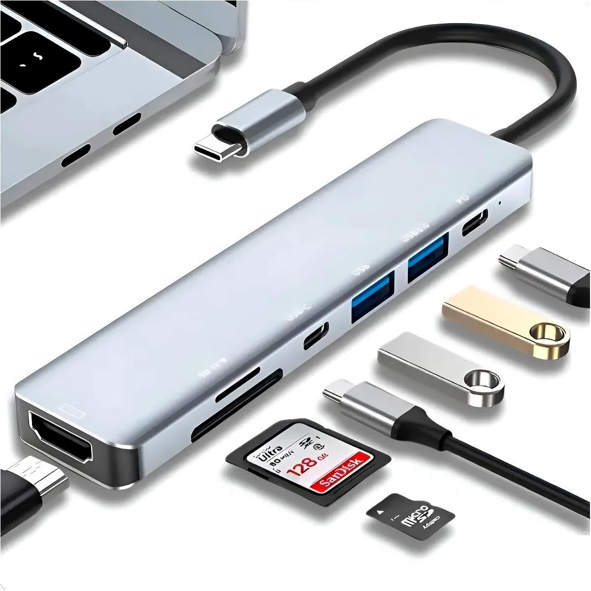 Hub USB-C 7 em 1 HDMI 4K Dock Station com USB 3.0, USB 2.0, Carregamento PD 100W, Leitor SD/TF, Adaptador USB-C para Notebook, MacBook, iPad Pro, Samsung DeX e Raspberry Pi