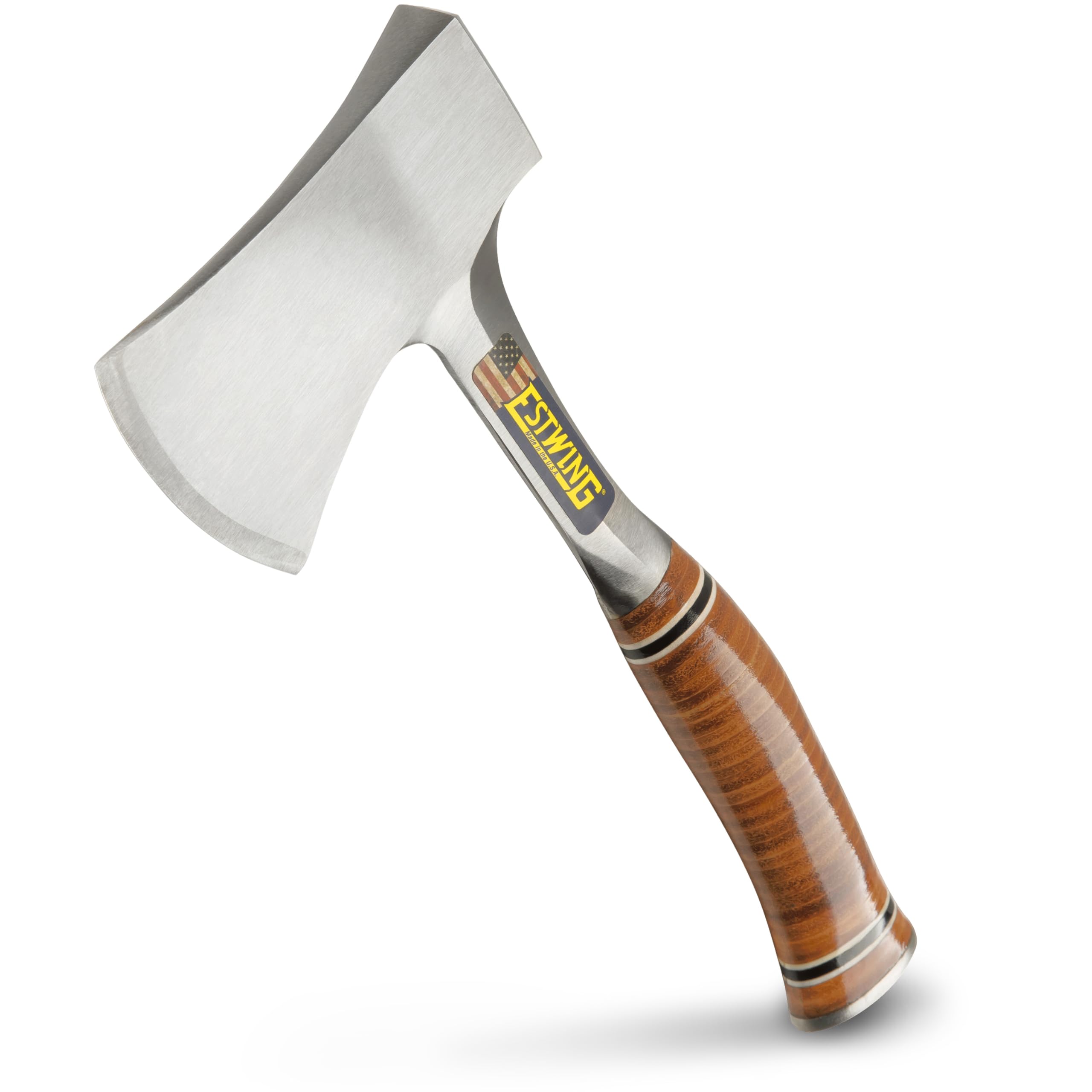 Estwing Machado esportivo – Machado de acampamento de 35,5 cm com estrutura de aço forjado e aderência de couro legítimo – E24A | Feito nos EUA, versatilidade ao ar livre, aderência de couro genuíno, forjado em uma peça, bainha resistente