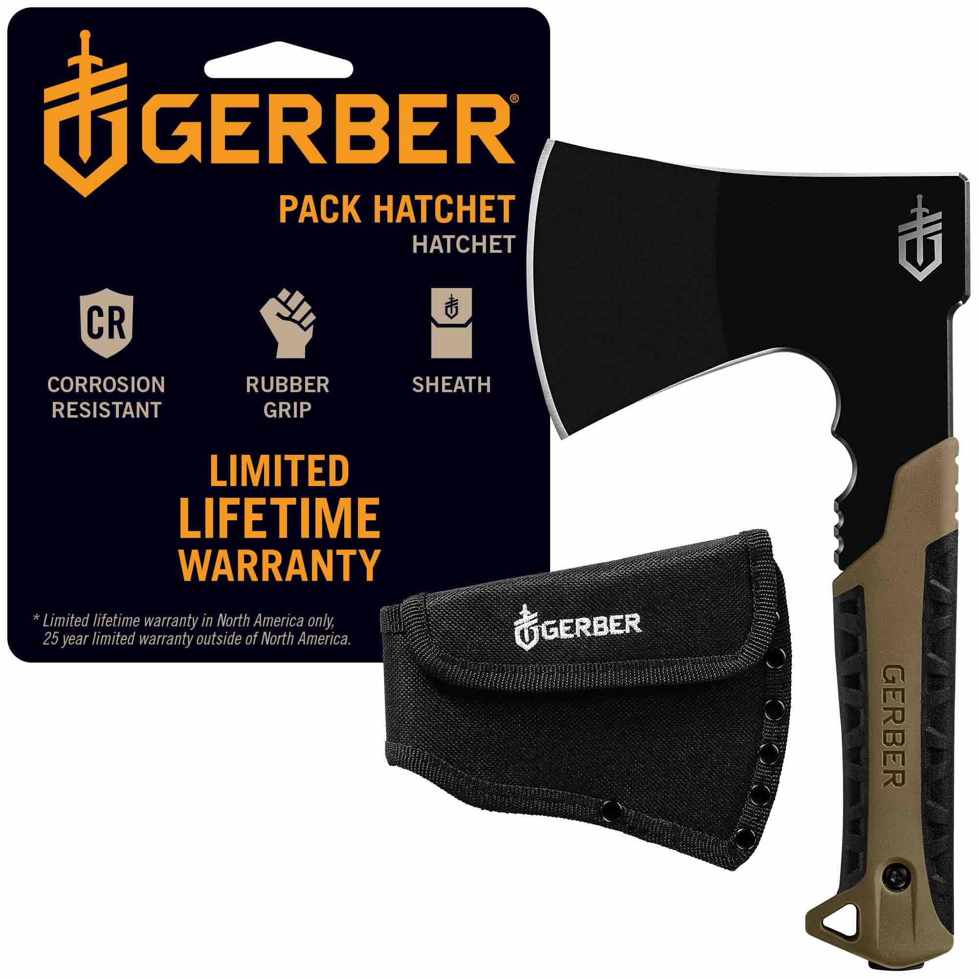 Machadinha Gerber Gear com lâmina de aço de 9 cm full tang - Equipamento de sobrevivência, para mata e acampamento - Com bainha de nylon pendurável - Marrom