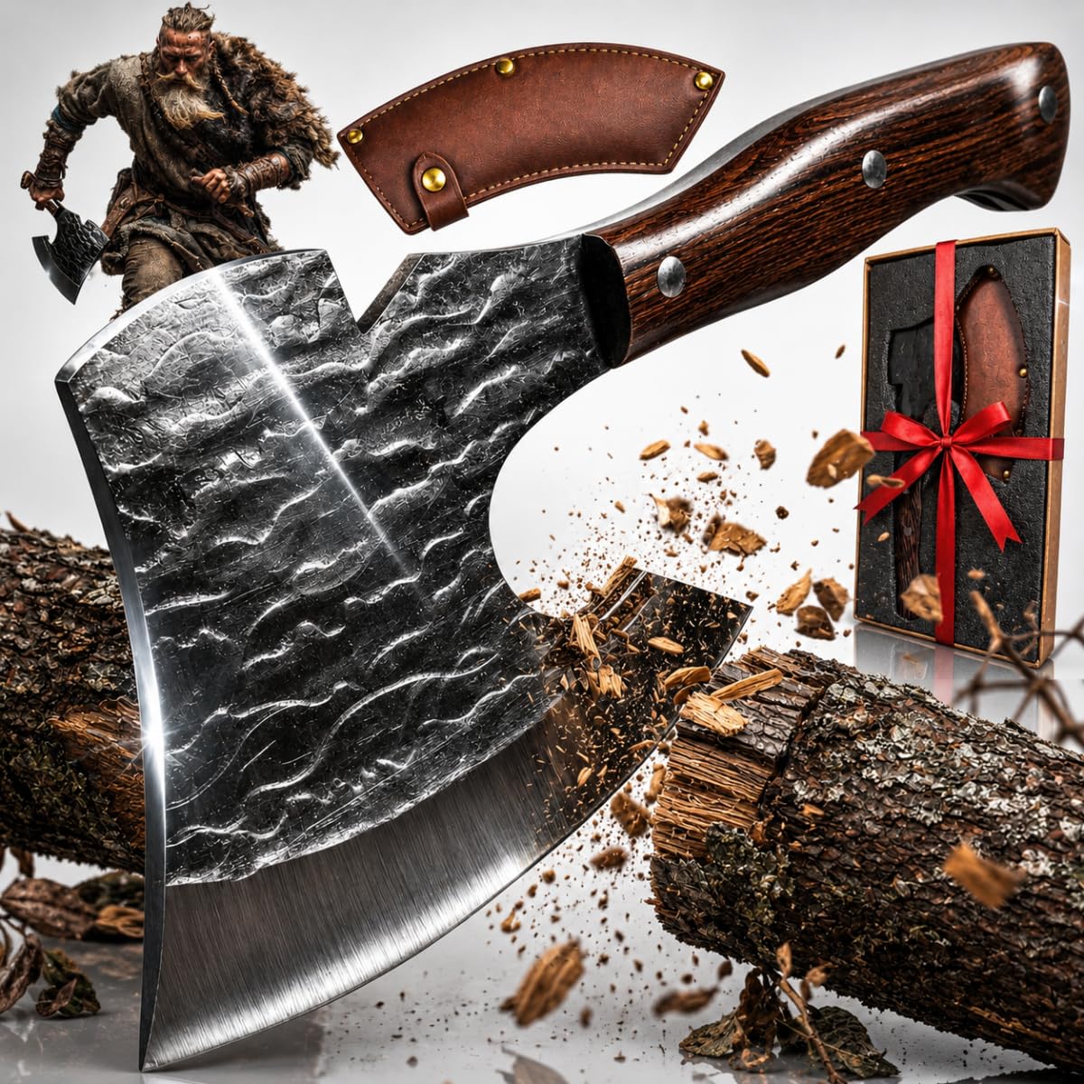 Machado Rococo artesanal aço forjado 6mm cabo madeira ironwood lâmina curva ultra afiada machadinha camping pesca churrasco com coldre couro