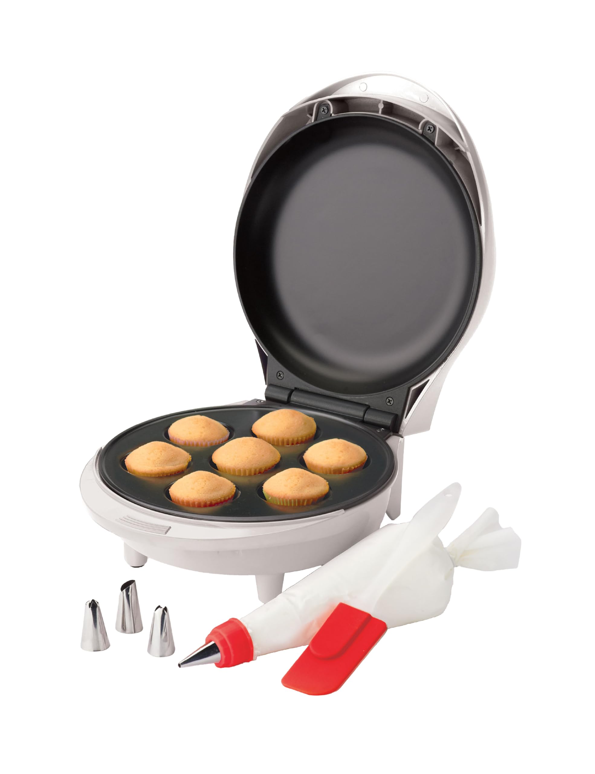 Betty Crocker Mini fábrica de cupcake, com superfície antiaderente, mini máquina de cupcake com alça de toque legal e faz 7 deliciosos cupcakes em minutos, rosa/branco