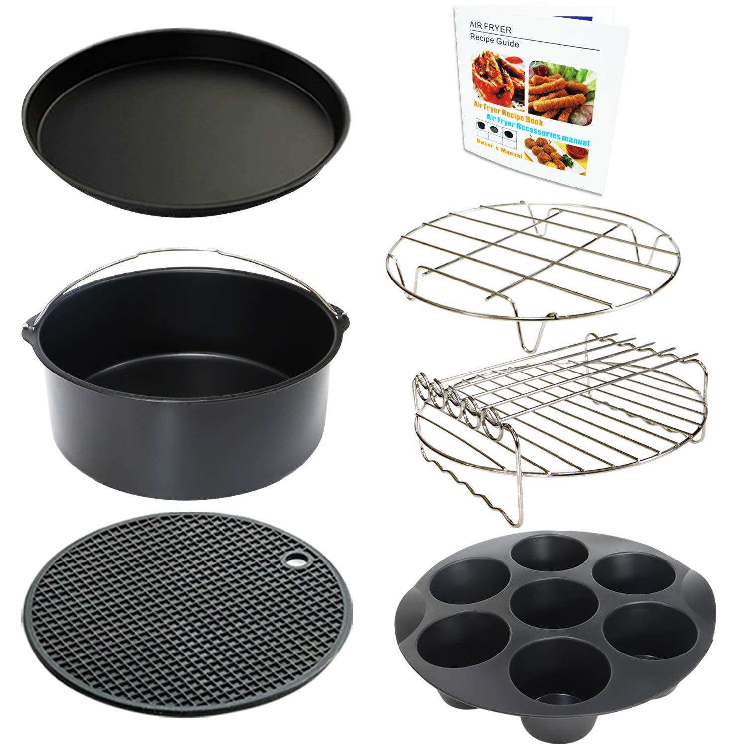 Acessórios para fritadeira a ar de 23 cm, GG, 7 peças com forma de cupcake, forma de pizza, copo de silicone, livro de receitas para 23 cm, 5,3 litros - 6,8 litros e tamanho maior Phillips Air Fryer
