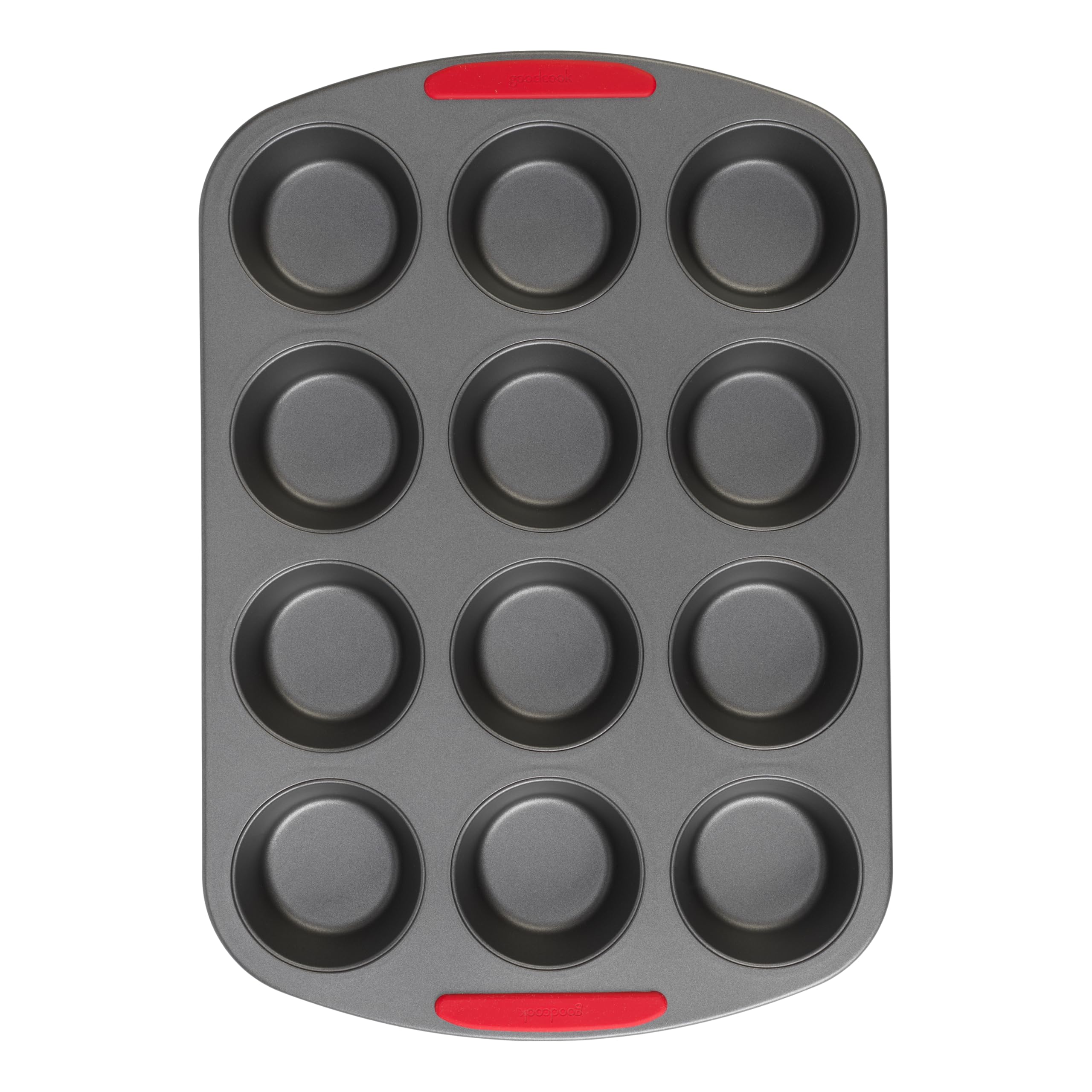 GoodCook Forma de muffin MegaGrip de 12 xícaras com alças de silicone perfeitas para cupcakes, estrutura de aço resistente a arranhões, revestimento antiaderente resistente a arranhões, 38 x 26 cm