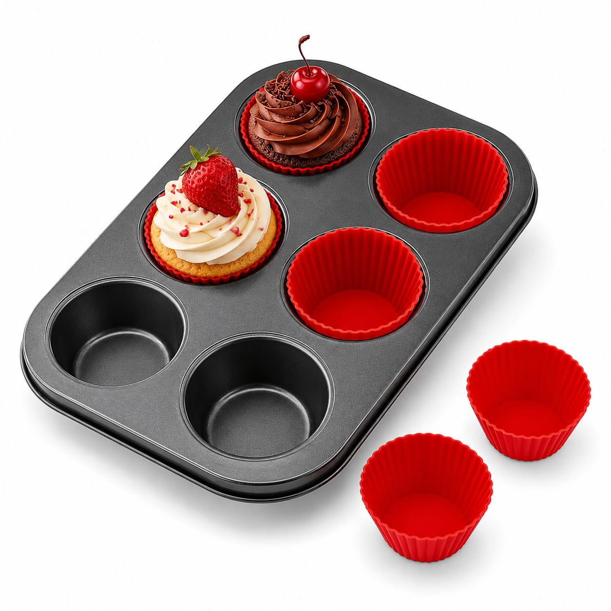 Forma para Cupcake e Muffin - Assadeira com 6 Cavidades Antiaderente, Kit com 6 Forminhas de Silicone, Ideal para Mini Bolo e Air Fryer