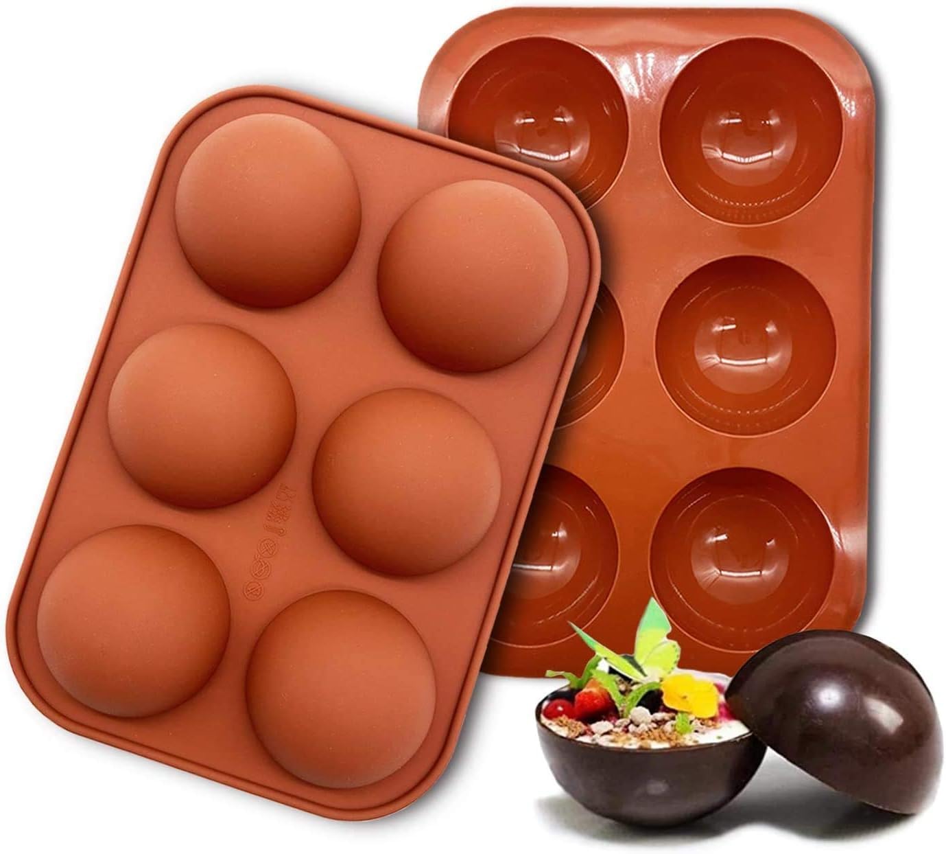 2 peças de molde de silicone com 6 furos para chocolate, bolo, geleia, pudim, sabonete artesanal, molde redondo de meia esfera antiaderente, forma de cupcake sem BPA