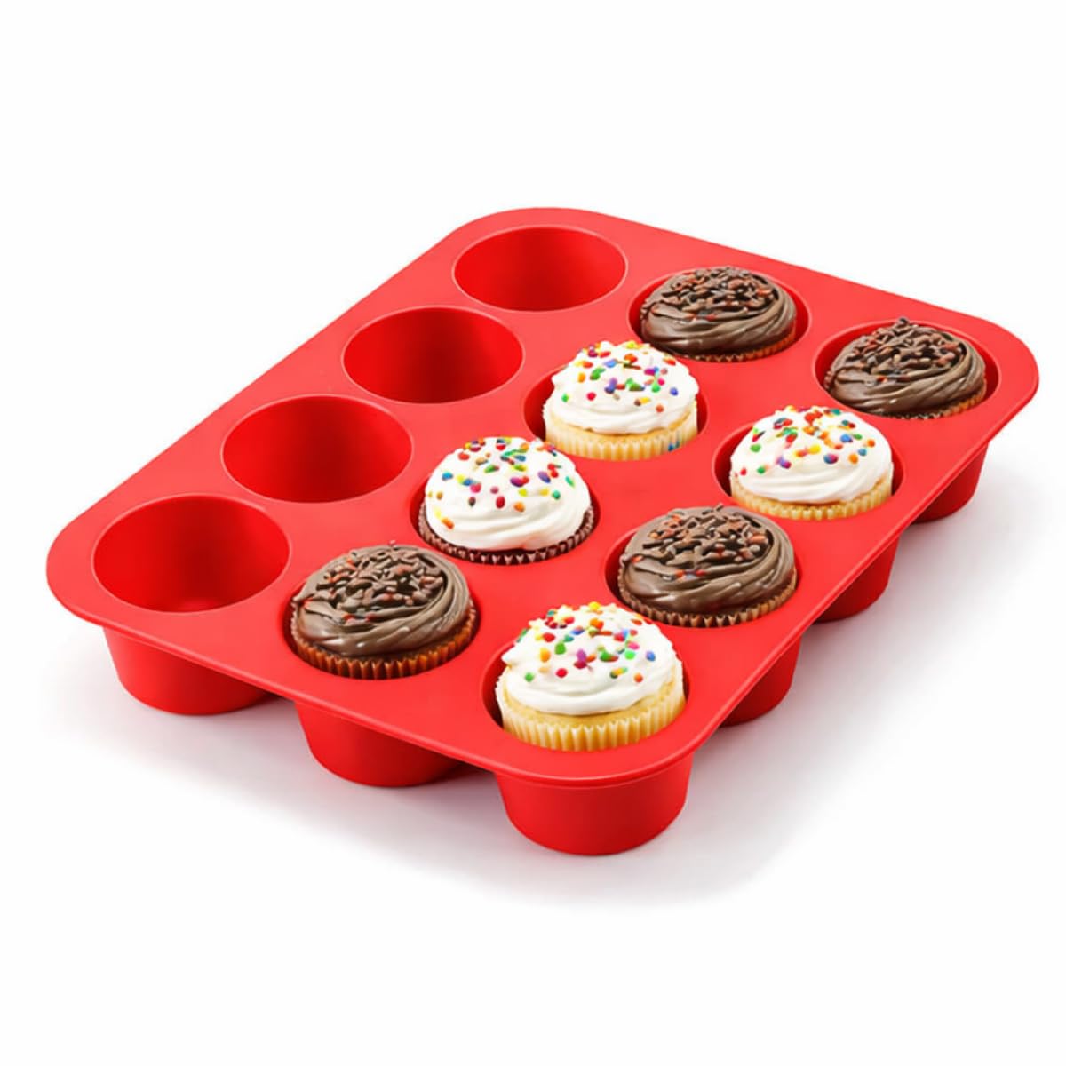 Forma de Silicone para Cupcake 12 Cavidades, Antiaderente, Flexível, Fácil de Desenformar, Resistente até 230°C, Ideal para Forno, Airfryer e Freezer (VERMELHO)