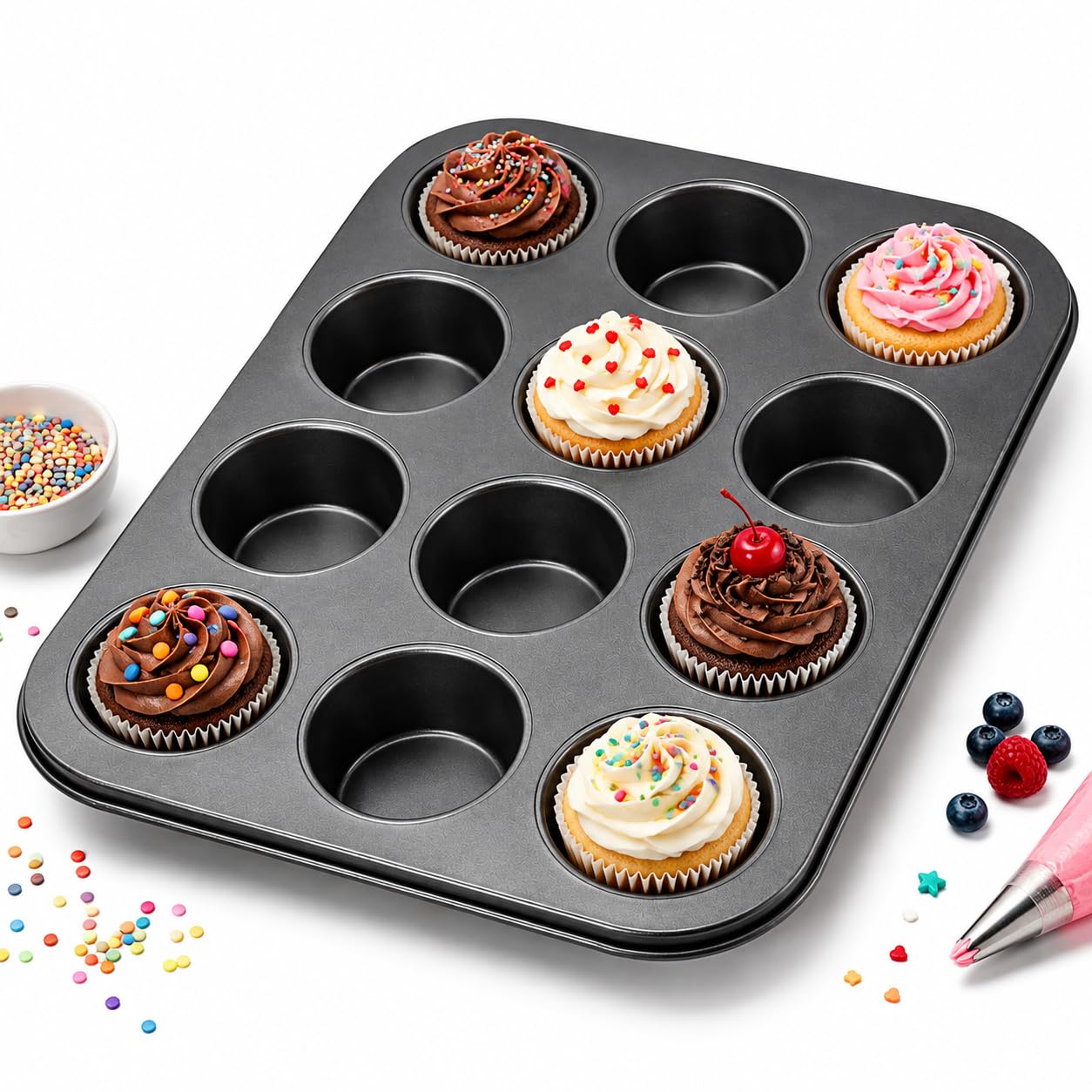 Forma para Cupcake 12 Cavidades Antiaderente – Assadeira para Muffin em Aço Carbono, Fácil de Desenformar, Uso Doméstico e Profissional