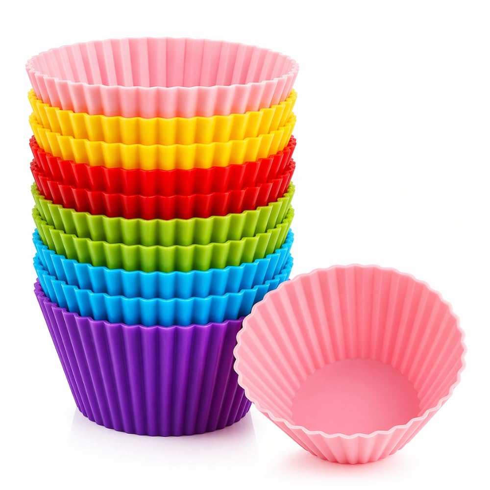 Forminhas de Silicone para Cupcake 12 Unidades, Antiaderente, Livre de BPA, Reutilizável, Coloridas, 7cm, para Forno e Air Fryer