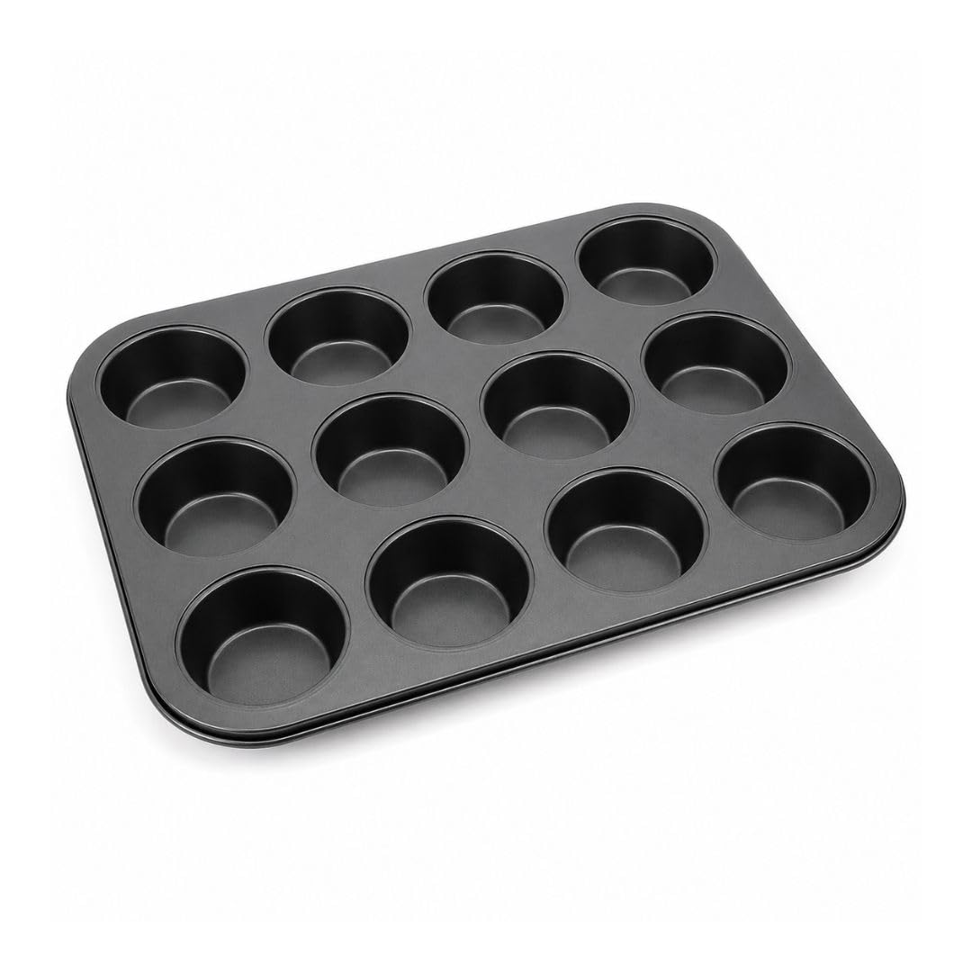 Forma para Cupcake 12 Cavidades, Antiaderente, Aço Carbono, Preta, 34,5 cm, Fácil de Desenformar, Uso Doméstico e Profissional