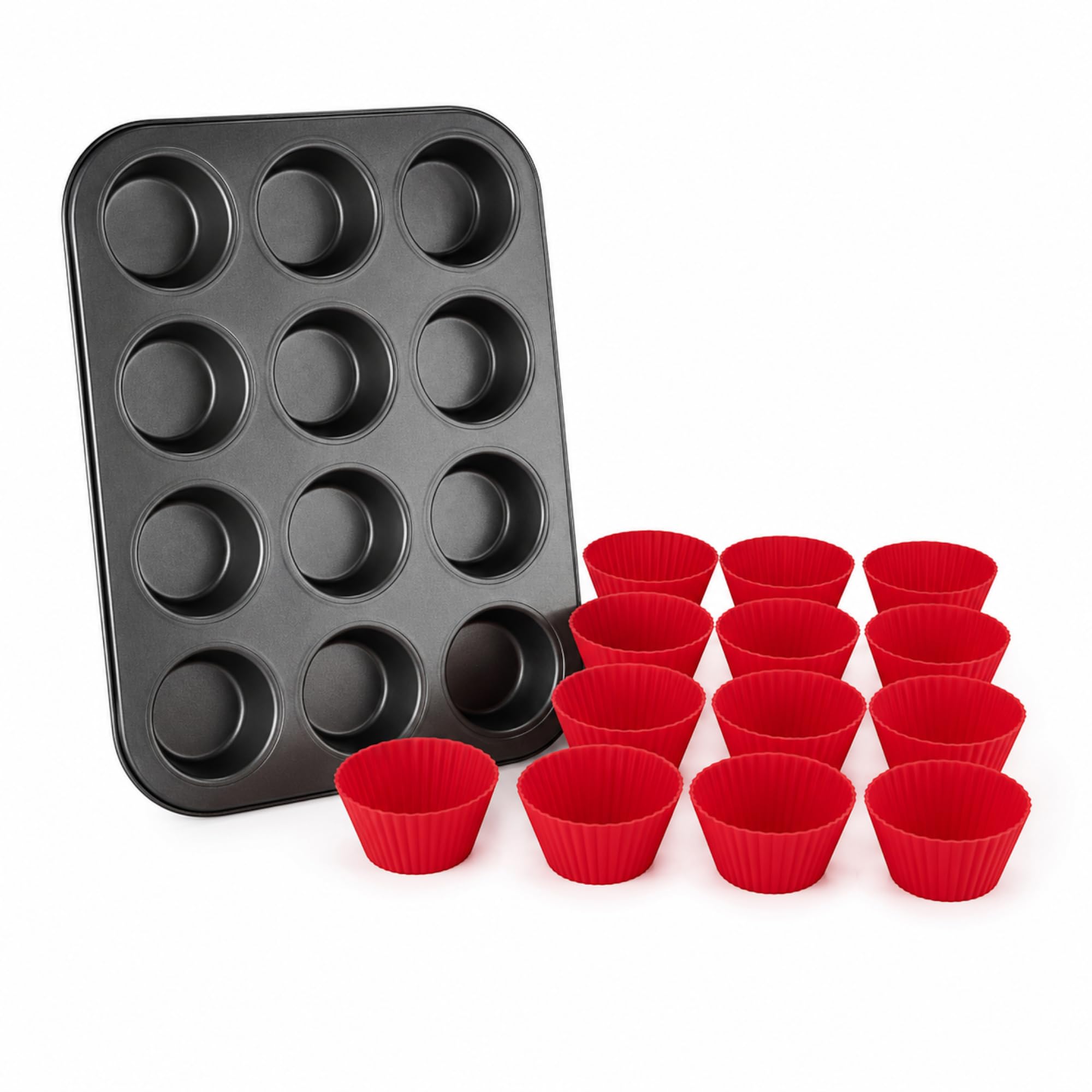 Forma Cupcake Antiaderente 12 Cavidades com Kit de Forminhas de Silicone | Aço Carbono Resistente, Calor Uniforme, 35x26x3cm, Forno e Air Fryer, 12 Forminhas Inclusas