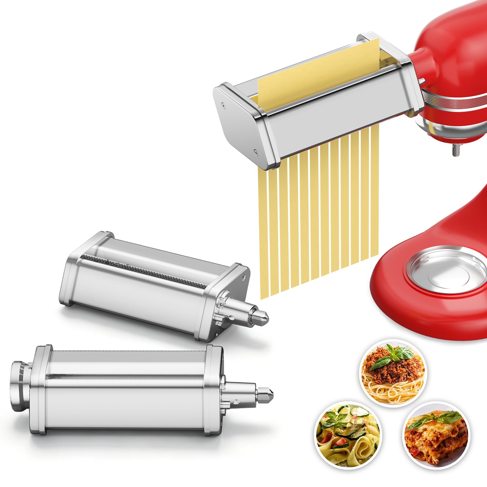 Conjunto de acessórios para máquina de massa para todas as batedeiras KitchenAid, conjunto de 3 peças | Rolo de folha de massa, cortador de espaguete e fettuccine, aço inoxidável, 8 níveis de espessura, rolo estável, com pincel