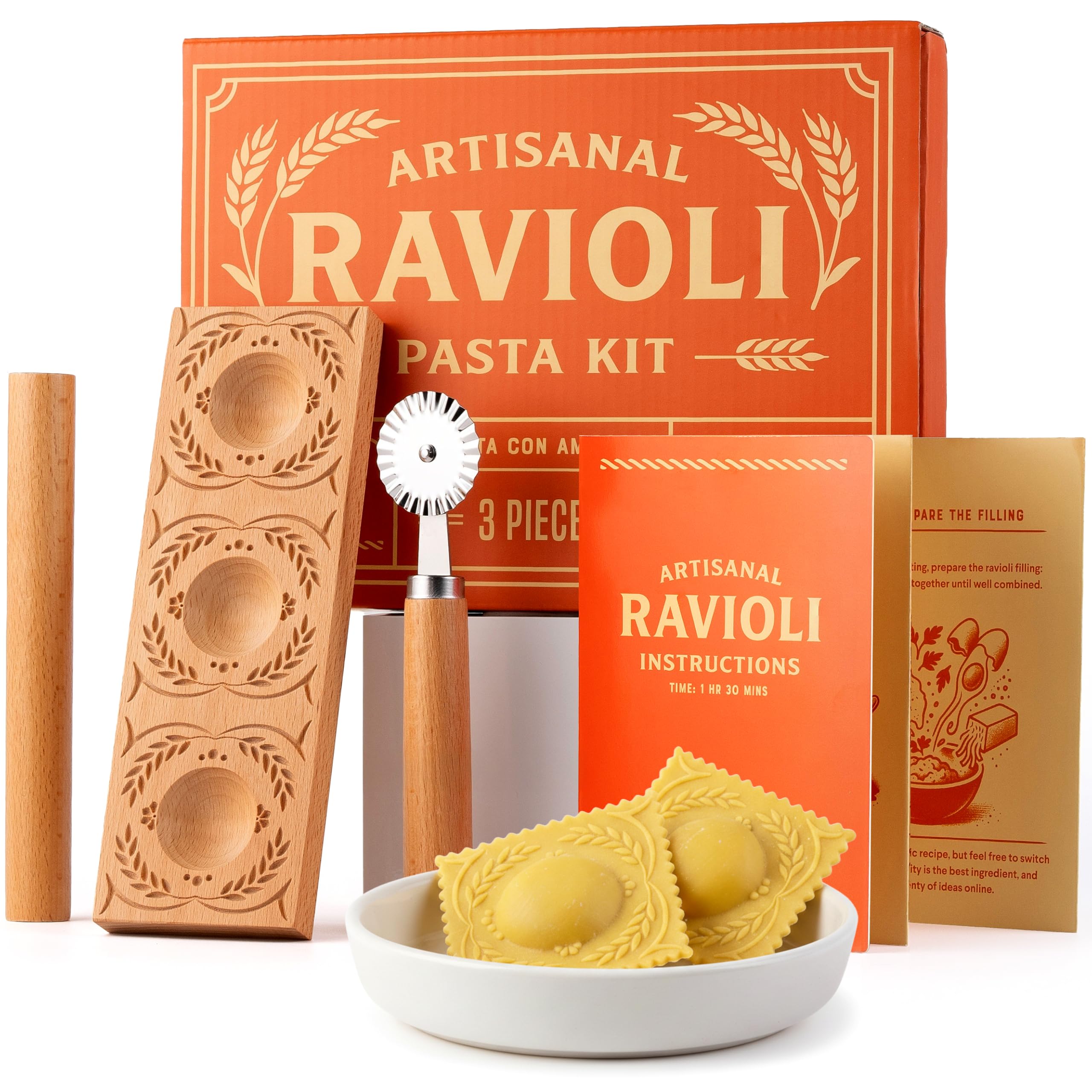 Cooking Gift Set Co. Prensa artesanal de ravióli, molde de ravioli de madeira e máquina de massa, prensa de ravióli, roda de cortador de massa, ferramenta de fazer ravióli, conjunto de ferramentas