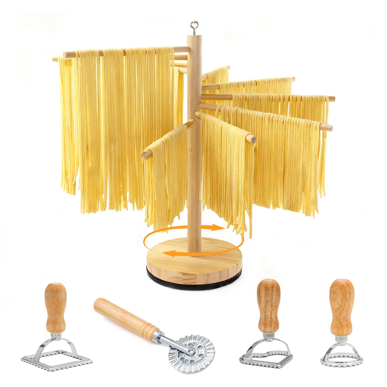 Prateleira rotativa para secar massas, suporte removível de madeira com moldes e carimbos de macarrão, ravioli com roda de cortador de macarrão (4 peças), suporte dobrável para secador de macarrão