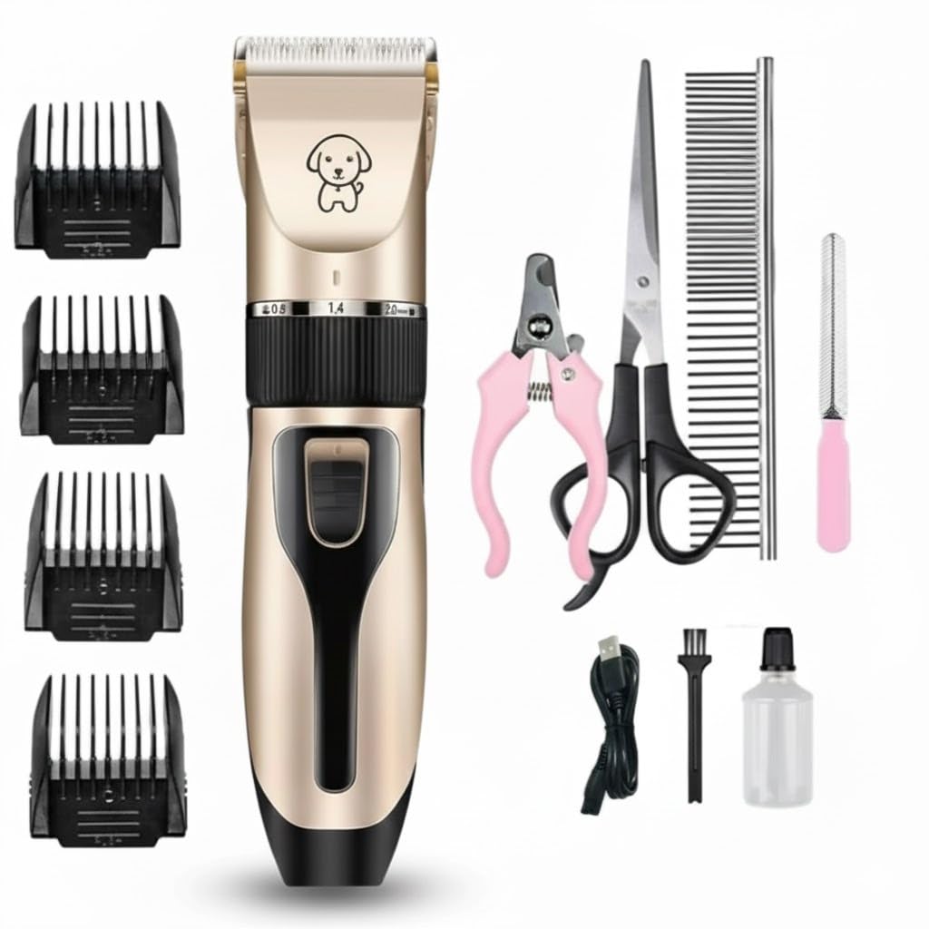 Máquina de Tosa Pet Profissional + Kit Completo de Cuidados – Tosador para Cachorro e Gato com Pentes, Tesoura, Cortador de Unhas e Lixa | Bivolt Recarregável