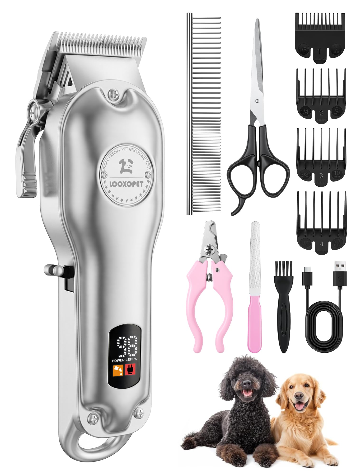 Máquina de Tosar Pet Profissional Cachorros Inox Sem Fio Impermeável Para Pelagem Grossa Prateado