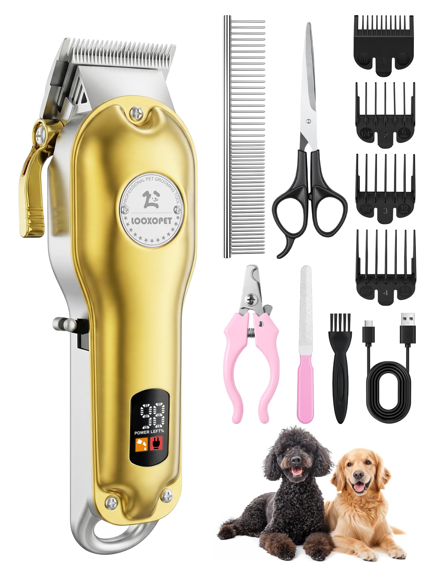 Looxopet Máquina de Tosar Pet Profissional Cachorros Inox Sem Fio Impermeável Para Pelagem Grossa Ouro
