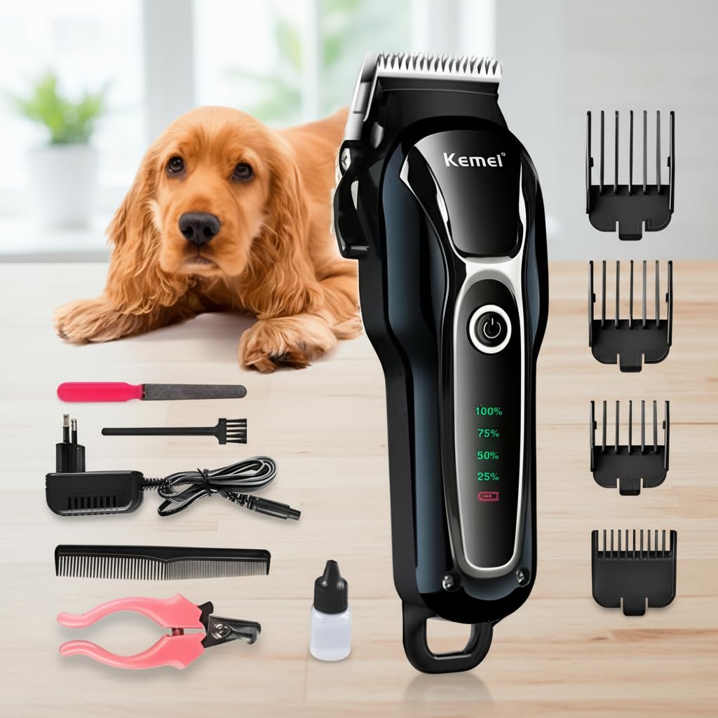 Máquina de Tosa Profissional e Doméstica, 5W, Sem Fio e com Fio, Display Digital, Bivolt, Kit Completo com 4 Pentes, para Cães e Gatos