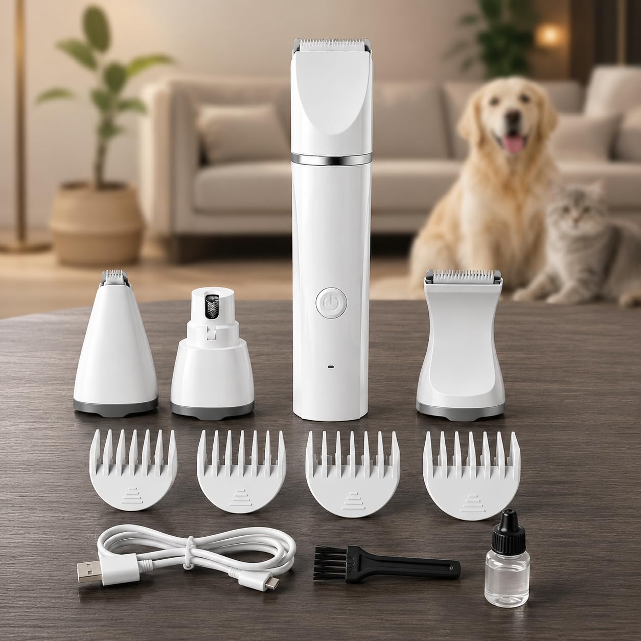 Máquina de Tosa Pet 4 em 1 Sem Fio Recarregável para Cães e Gatos Aparador Silencioso com 4 Cabeças Intercambiáveis Lixa de Unhas e Visor Digital