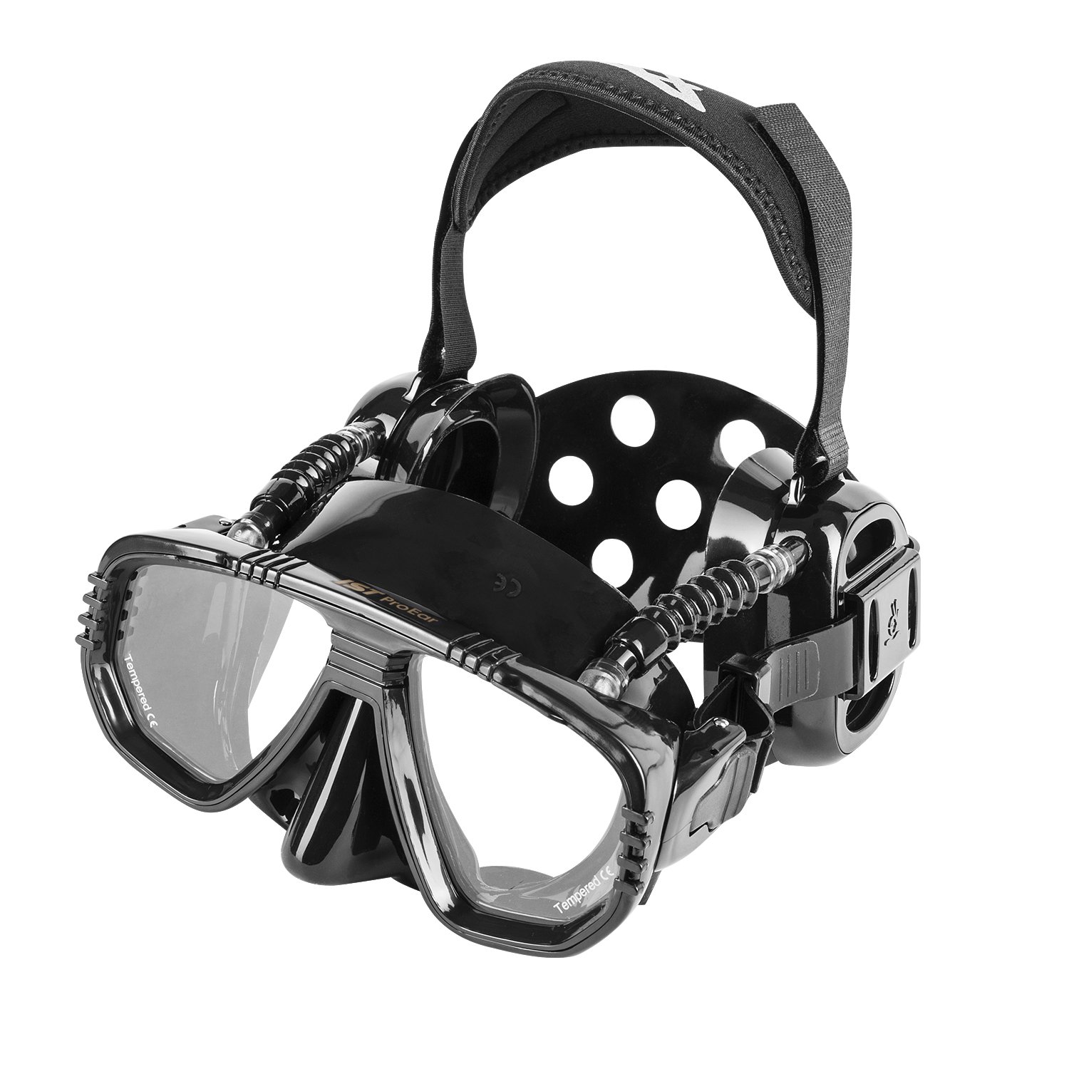 IST Máscara De Mergulho Proear Com Protetores Auriculares, Equipamento Equalização Pressão Para Autônomo, Lente Dupla Vidro Temperado (Silicone Preto)