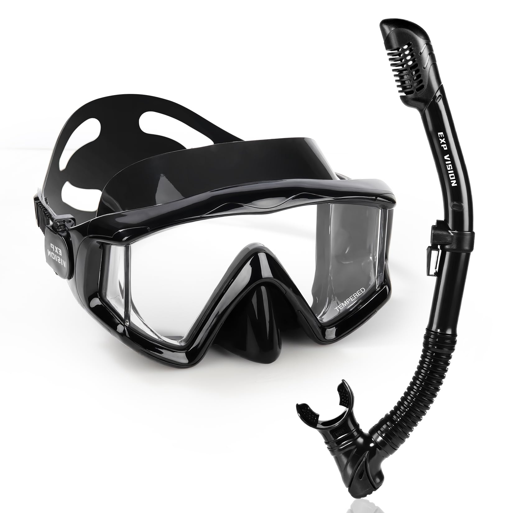 EXP VISION Conjunto de Snorkel Pano 3 para Adultos, Máscara de Snorkel Profissional Antiembaçante com Topo Seco, Máscara de Mergulho Autônomo com Lentes de Vidro Temperado para Mergulho Livre