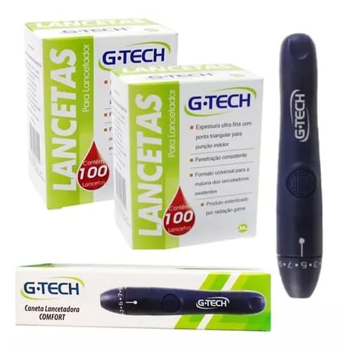 Kit 200 Lancetas Glicose Gtech Diabetes + Caneta Lancetadora Gtech Diabetes Preto