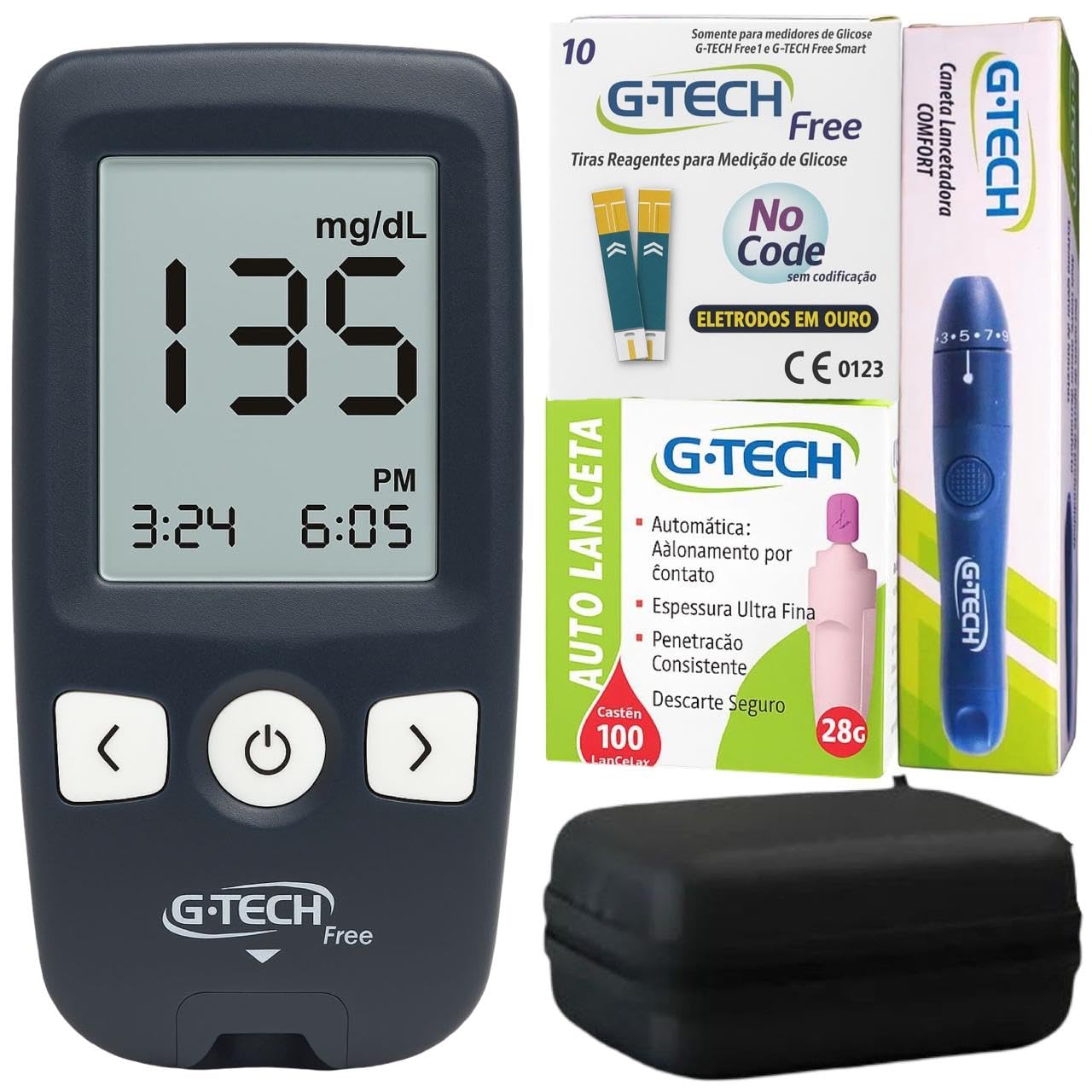 Medidor de Glicose Digital, Kit Completo com Auto Lanceta, Display LCD, Memória 500 Medições, Teste em 5 Segundos, Estojo e Caneta, Conexão com Computador