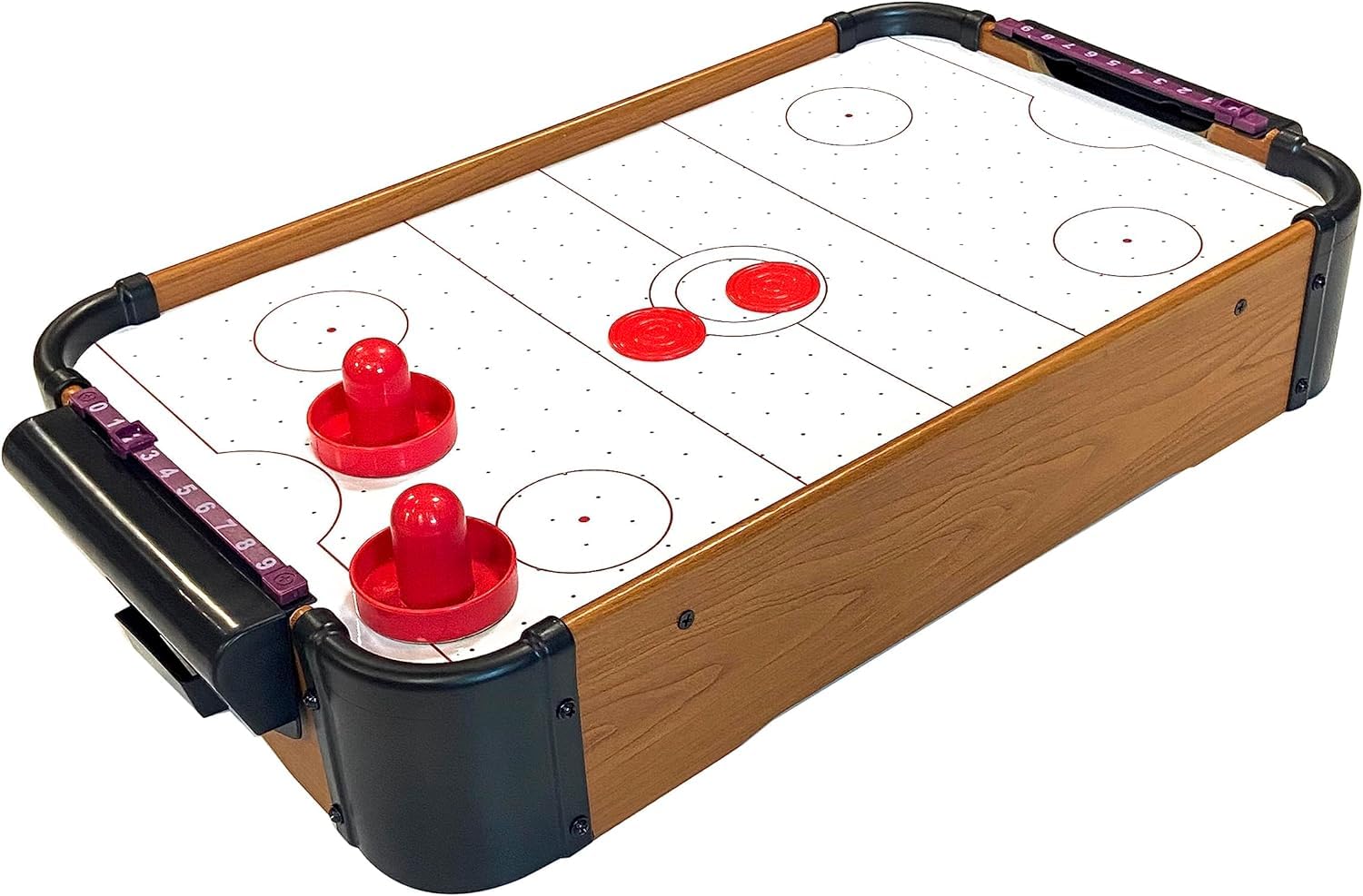 Tradeopia Mini jogo de hóquei de ar de madeira portátil com 2 tacadas e 2 discos - Hóquei de ar de mesa