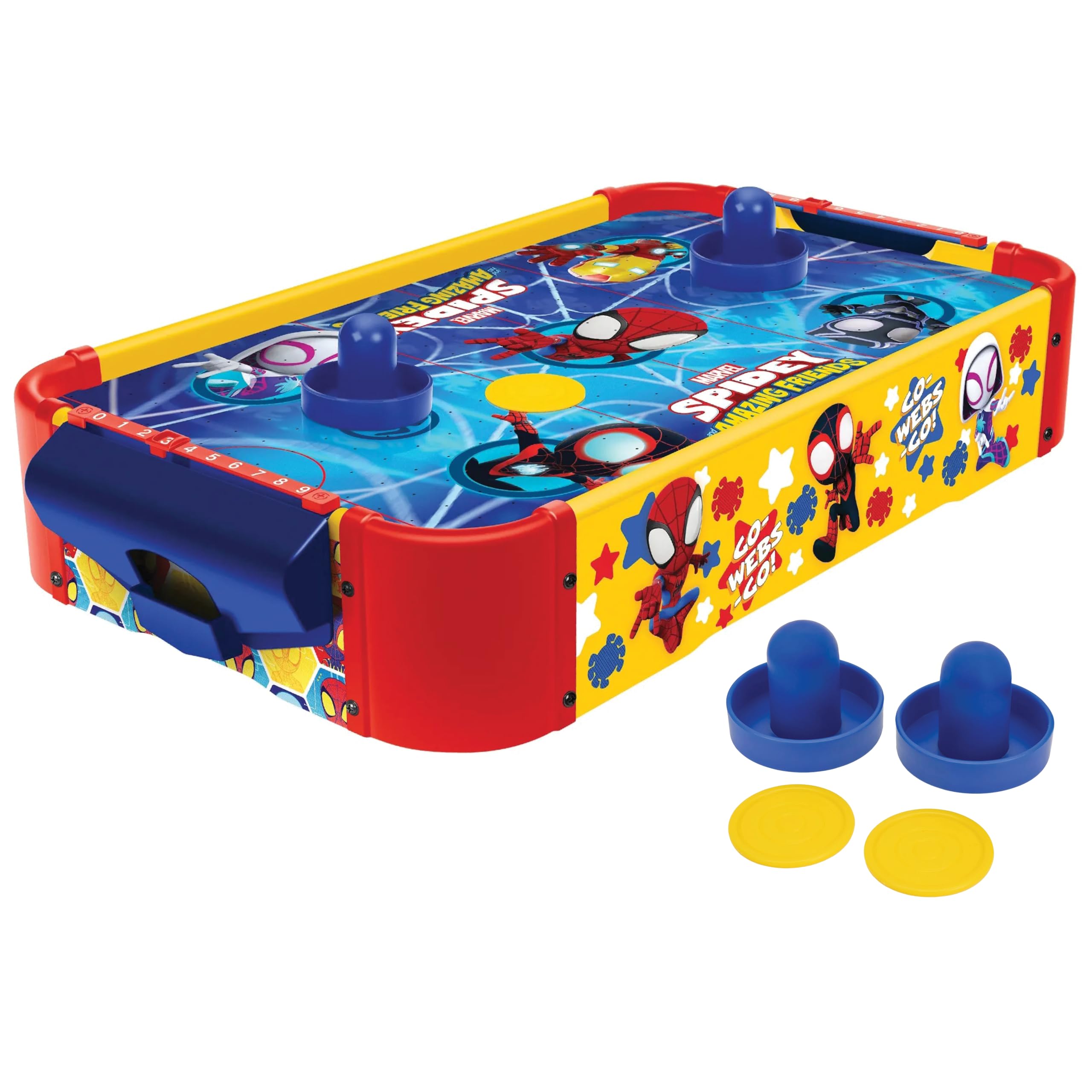 World Tech Toys Marvel Spidey and His Amazing Friends Air Hockey Mesa para crianças – Jogo de mesa de madeira com disco, empurradores e sistema de fluxo de ar – licenciado pela Marvel – Crianças a