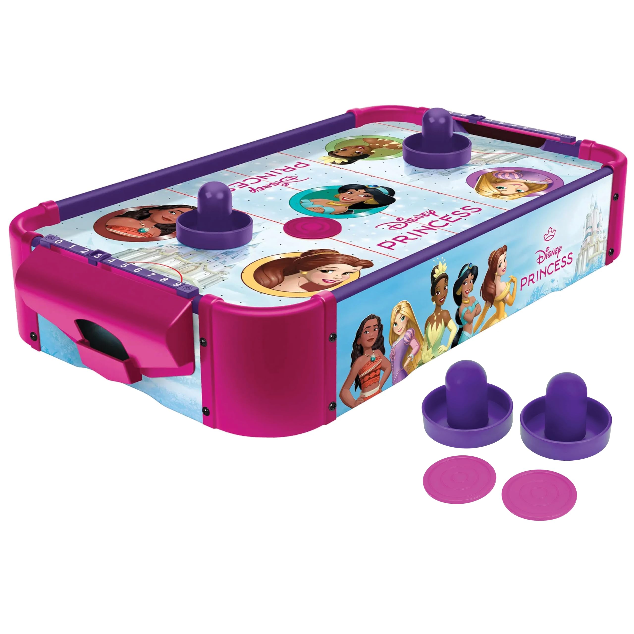 World Tech Toys Disney Princess Air Hockey Mesa para crianças – Jogo de mesa de madeira com disco, empurradores e sistema de fluxo de ar – Licenciado pela Disney – Crianças a partir de 4 anos