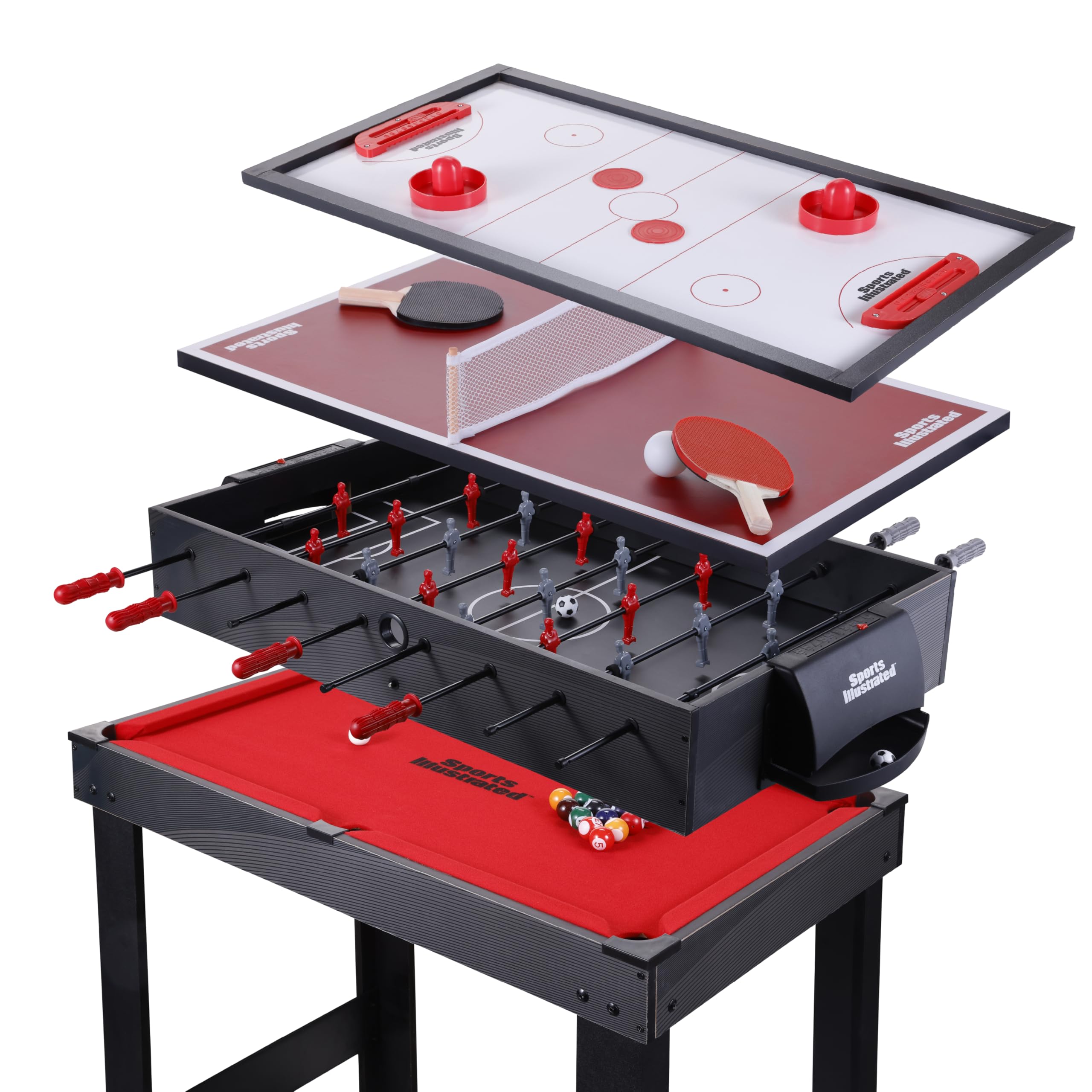 Sports Illustrated - Mesa multijogos 4 em 1 de 89 cm – Conjunto combo de pebolim, air hockey, tênis de mesa e bilhar com acessórios para crianças, adolescentes e noites de jogos em família