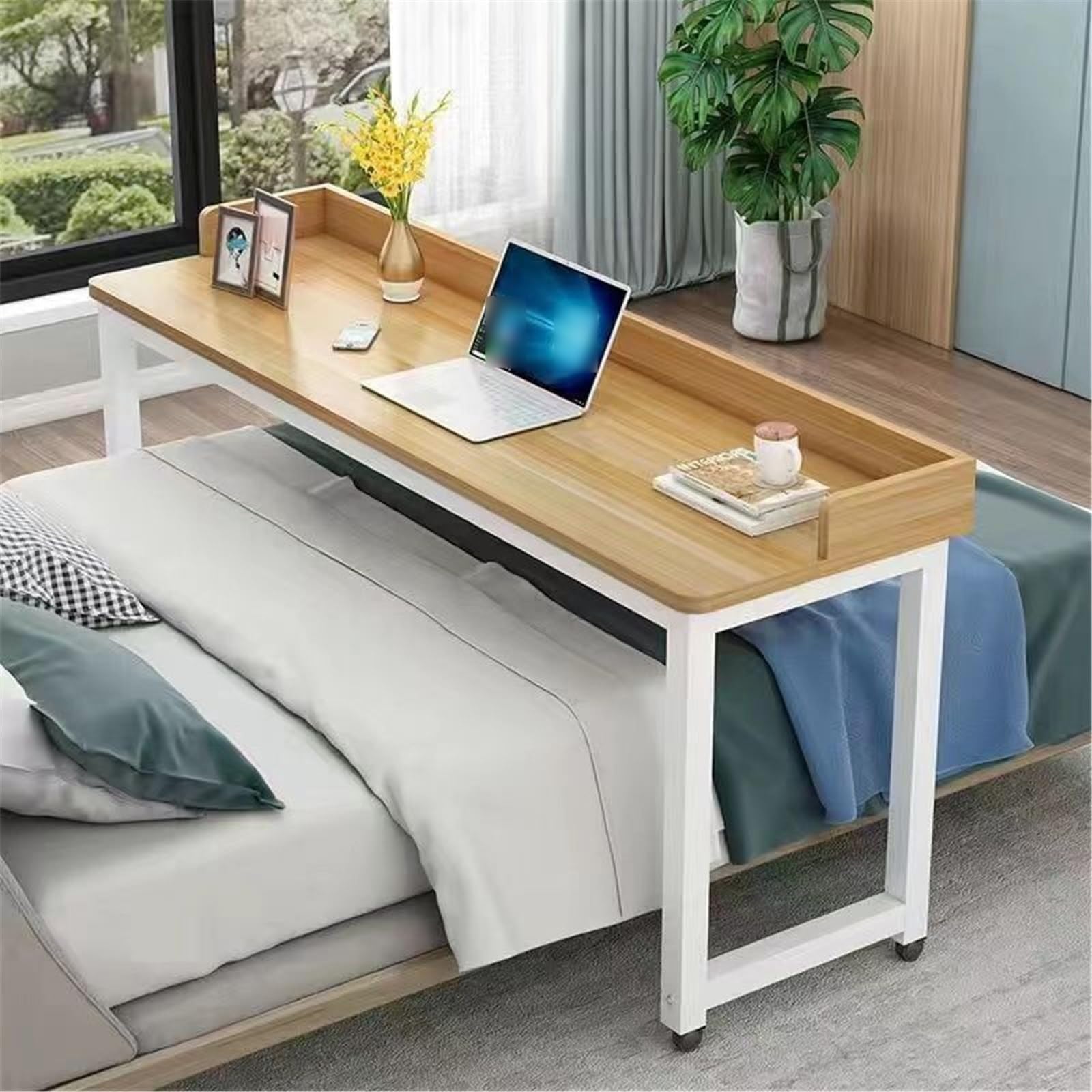 Mesa de cama de hospital com rodas - mesa de estudo e café da manhã - 200 x 50 x 80 cm, nogueira branca - multifuncional para jogos, lazer e uso conveniente