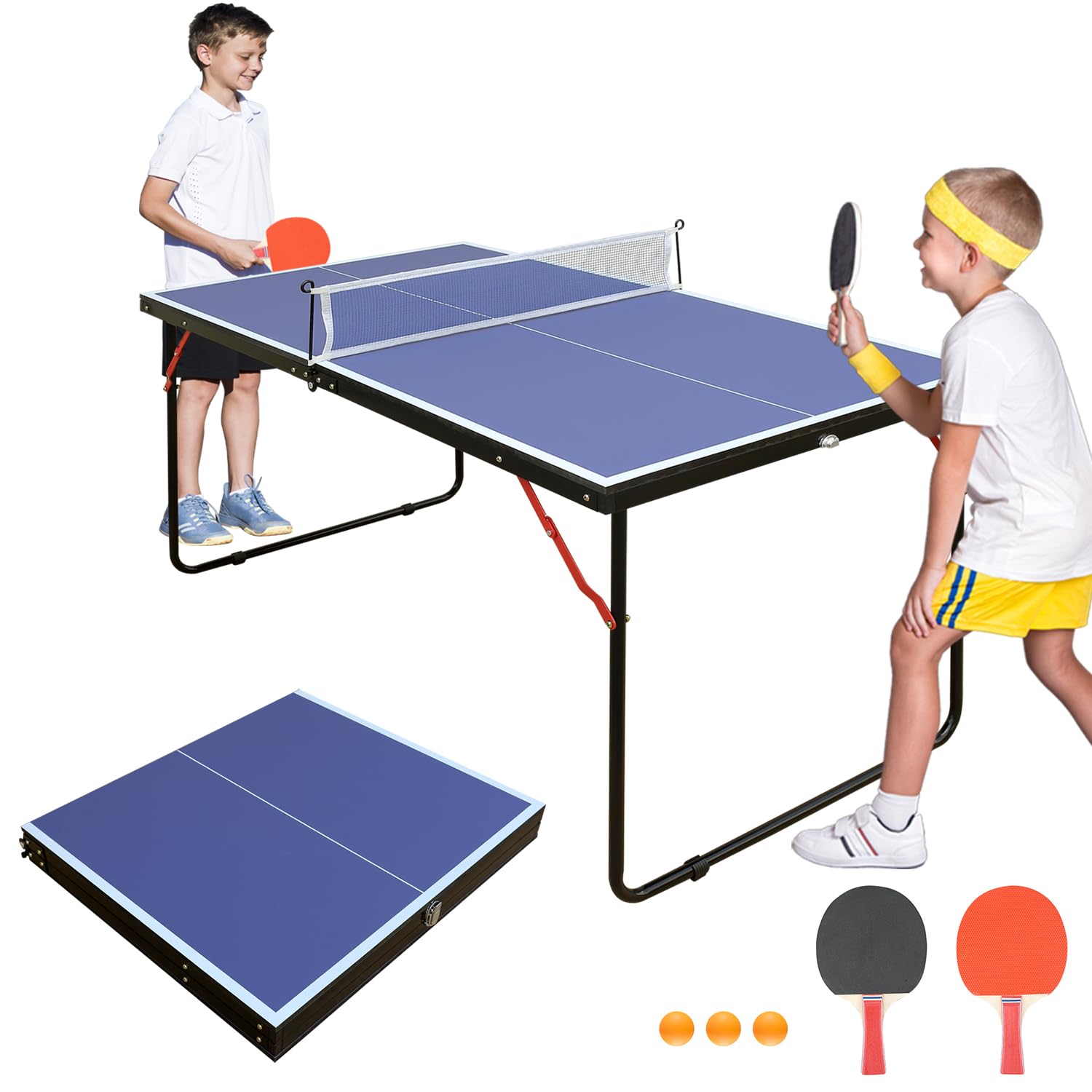 Mesa de pingue-pongue dobrável para uso interno e externo com rede, rás e bolas de tênis de mesa, mesa de jogo familiar multiuso de 1,4 m/1,8 m/2,7 m para crianças, adolescentes e adultos