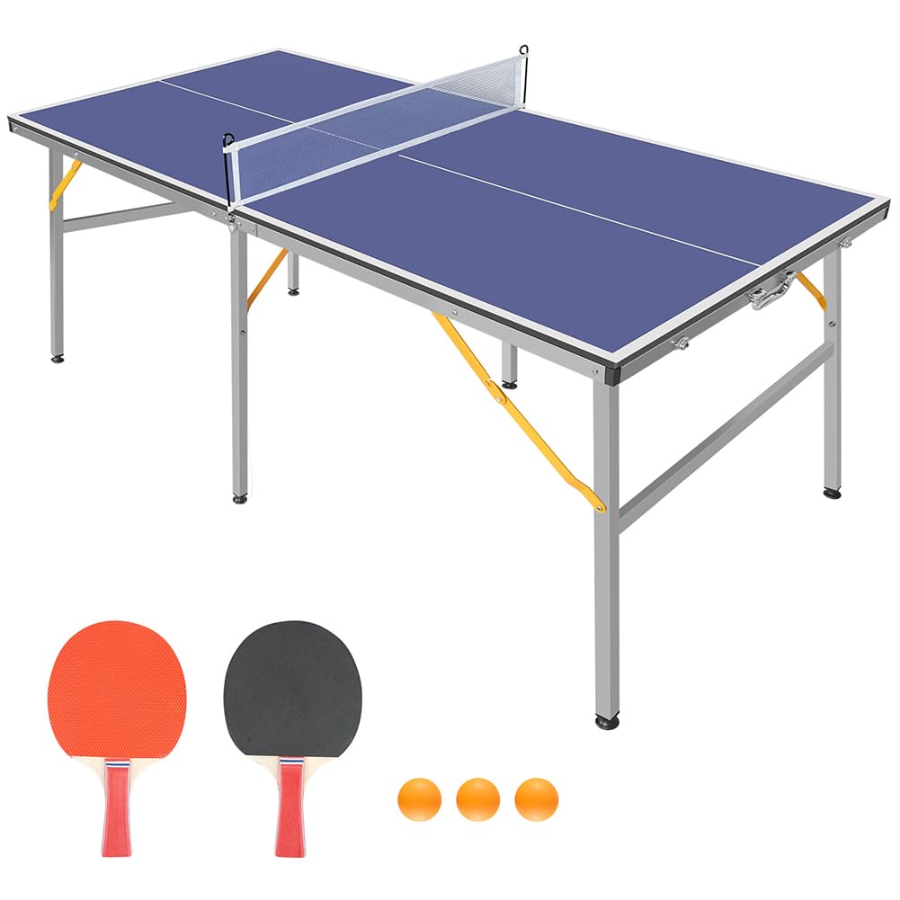 Conjunto de mesa portátil de pingue-pongue de 1,8 m com pernas de mesa, sugadores de borracha, estrutura de alumínio, rede dobrável, para jogos internos e externos, azul