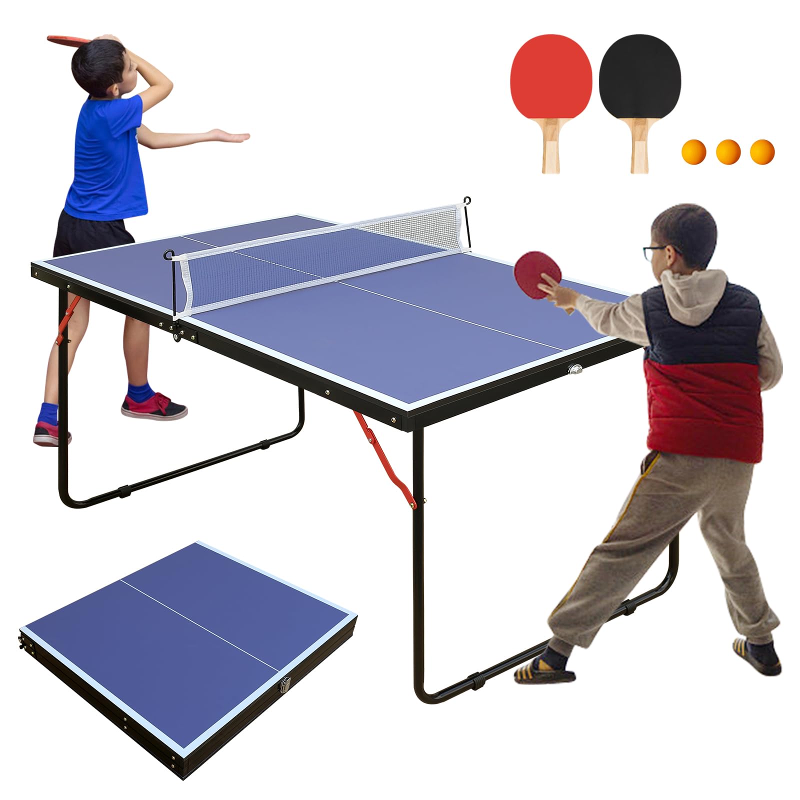 Conjunto de mesas de pingue-pongue portátil de tamanho médio de 4,5/1,8 m/2,7 m, mesa dobrável de tênis de mesa com rede, 2 ramos e 3 bolas, mesas profissionais de MDF para mesa de