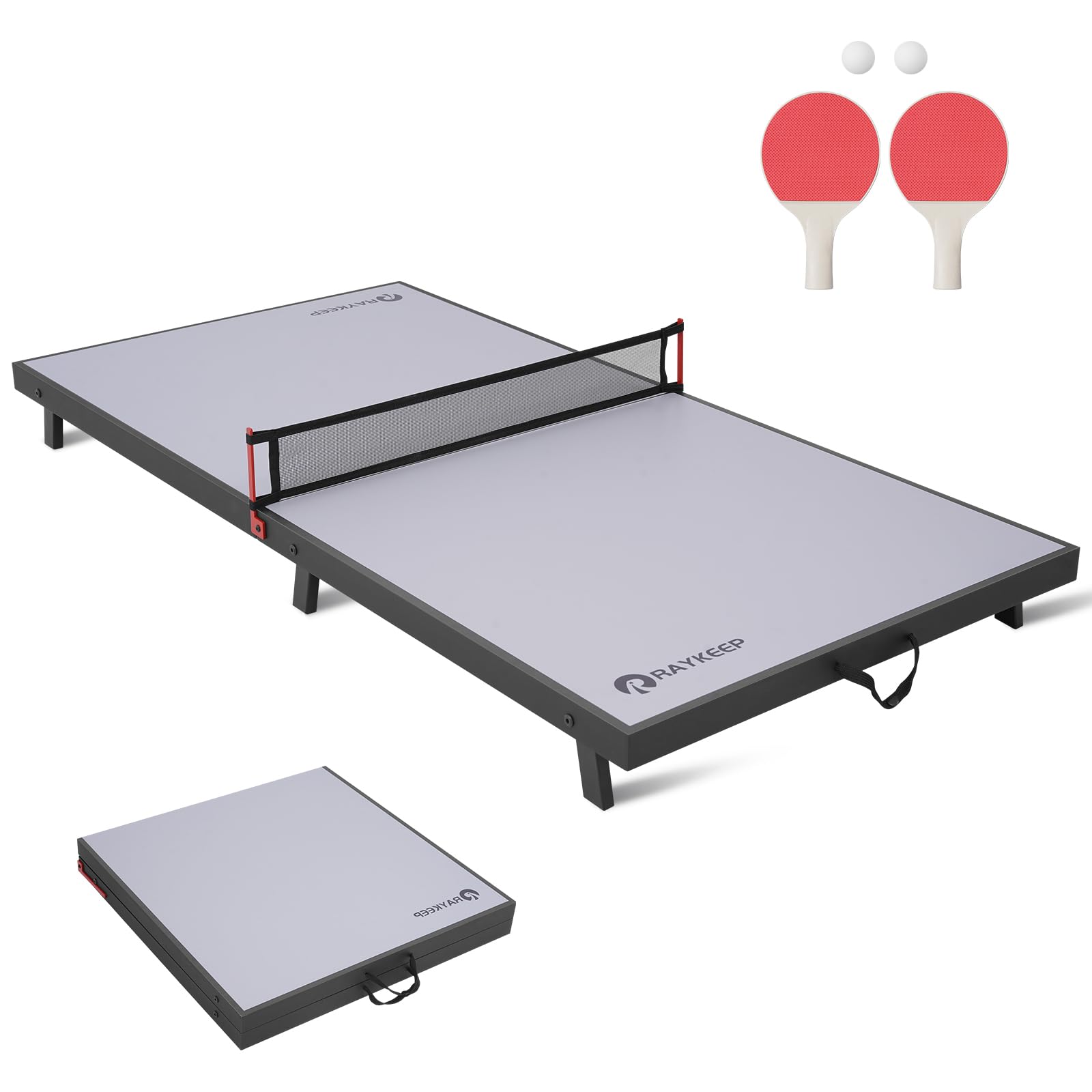 RAYKEEP Mini mesa de tênis de mesa dobrável, mesa de jogo de pingue-pongue portátil de 122 cm para uso interno e externo, conjunto de mesa de tênis de mesa com rede, 2 pás, 2 bolas, sem montagem