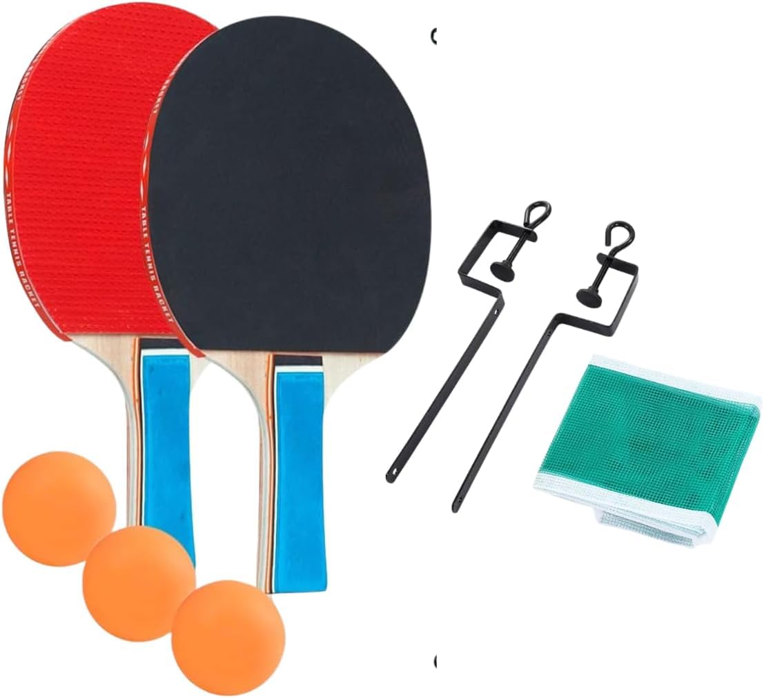 Kit Completo de Tênis de Mesa, 2 Raquetes com Borracha Lisa, 3 Bolinhas, Rede Nylon 120cm e Suporte de Ferro Ajustável