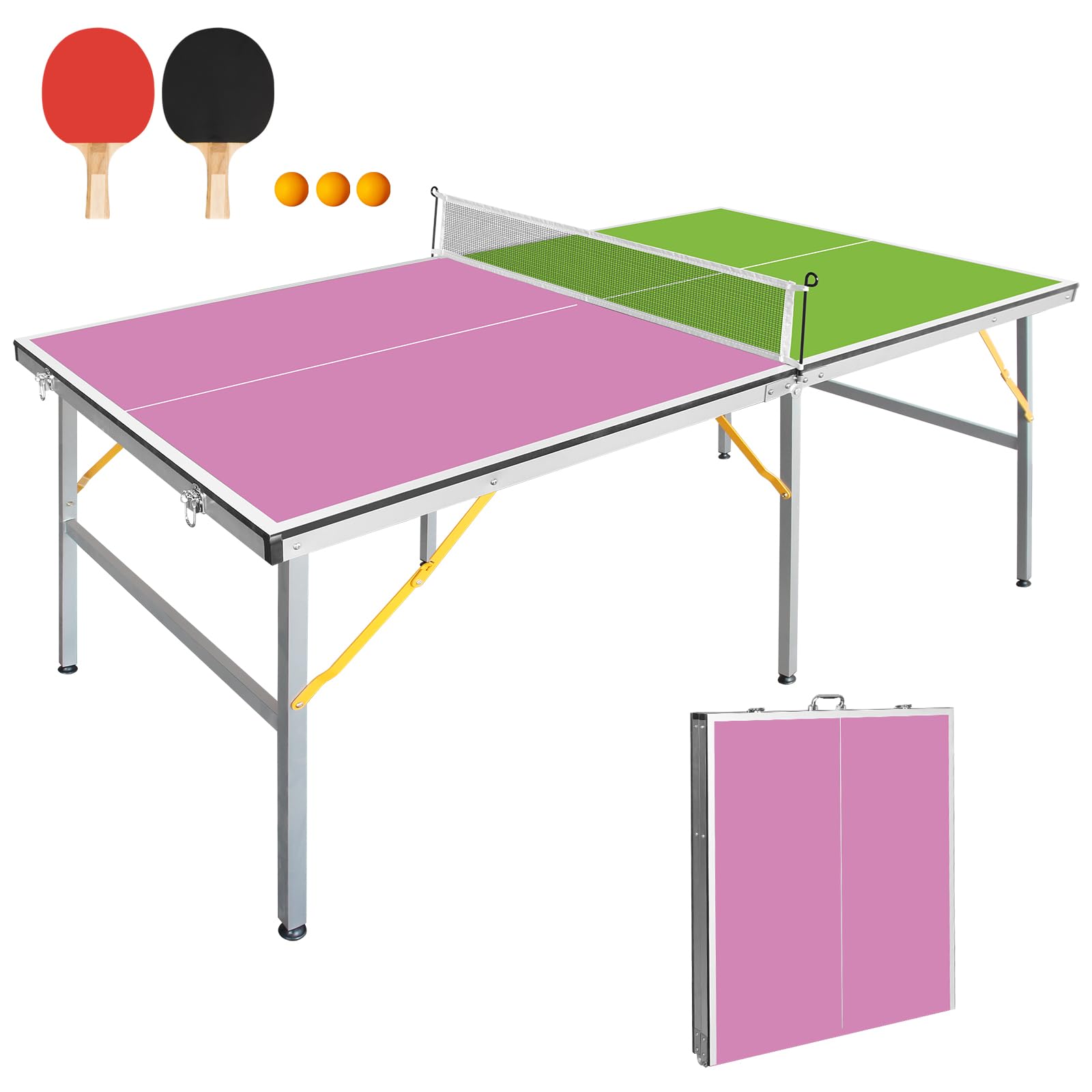 Mesa de pingue-pongue dobrável de tamanho médio com rede, remos e bolas, mesa de jogo familiar multiuso de MDF para crianças, adolescentes e adultos, compacta e portátil