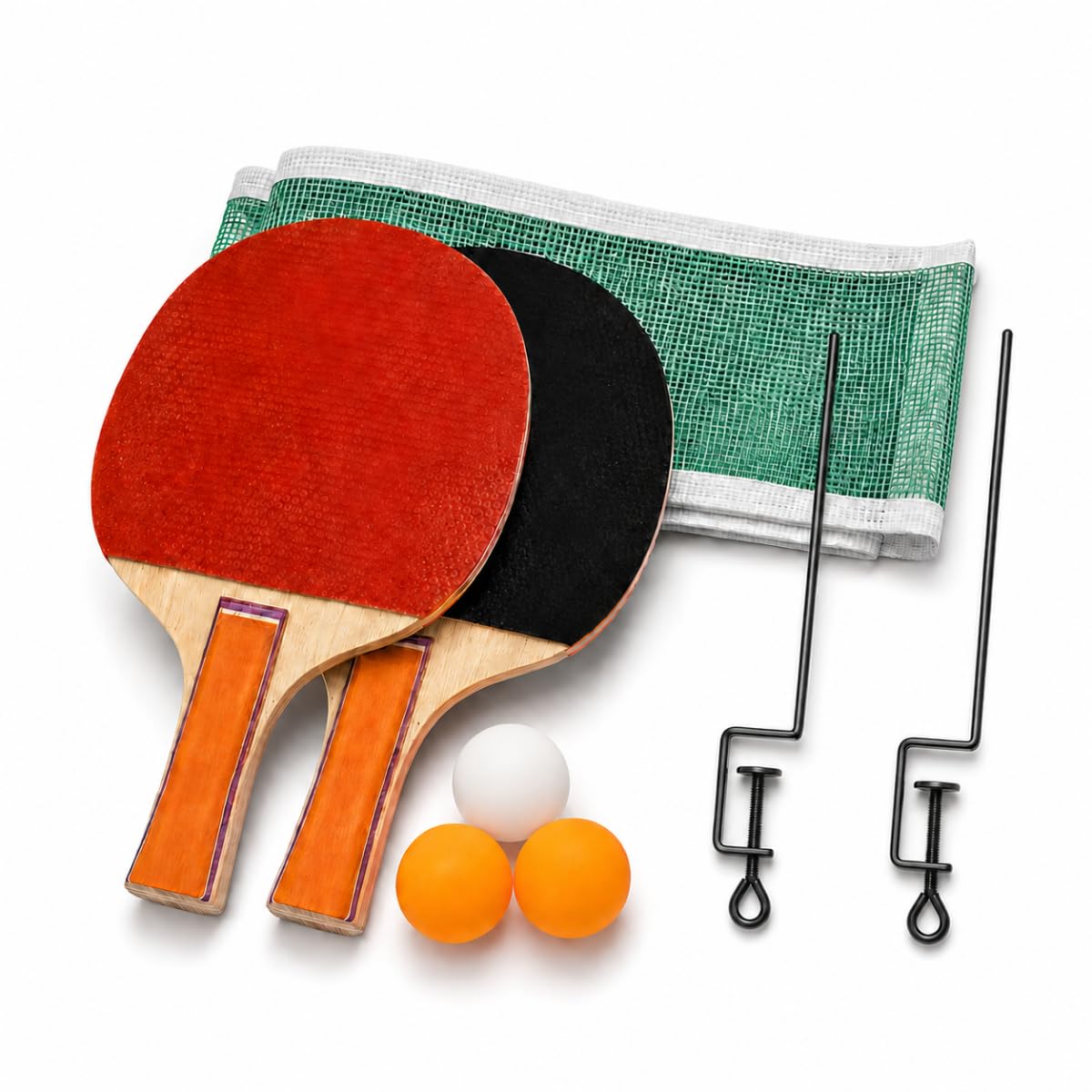Kit Ping Pong Tênis de Mesa 2 Raquetes 3 Bolas Rede e Suportes Ajustáveis | 2 Ajustadores para Mesa, Cabo de Madeira, Inclui Rede Verde, Para 2 Jogadores, Kit Completo