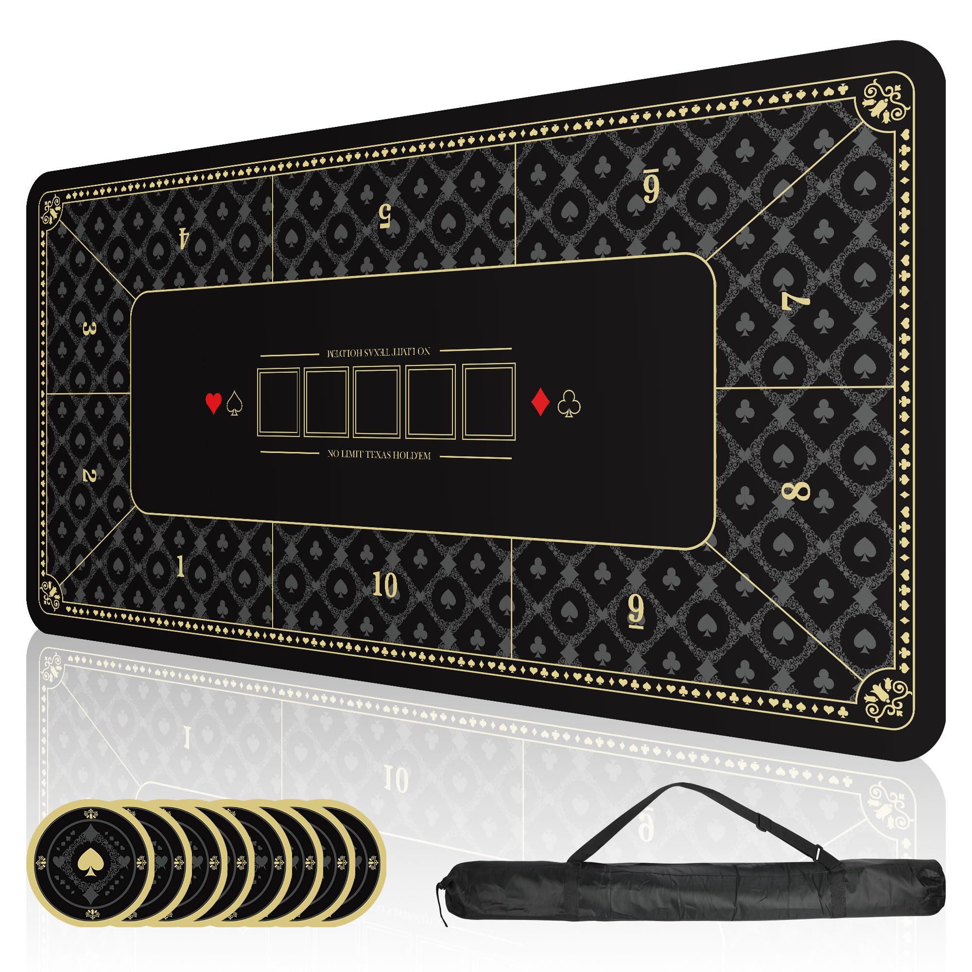 ORIENGEAR Tapete de pôquer 177 x 89 cm, enfeite de mesa de pôquer para 10 jogadores com base de borracha antiderrapante e bolsa de transporte, tampo de mesa profissional de blackjack para Texas Holdem