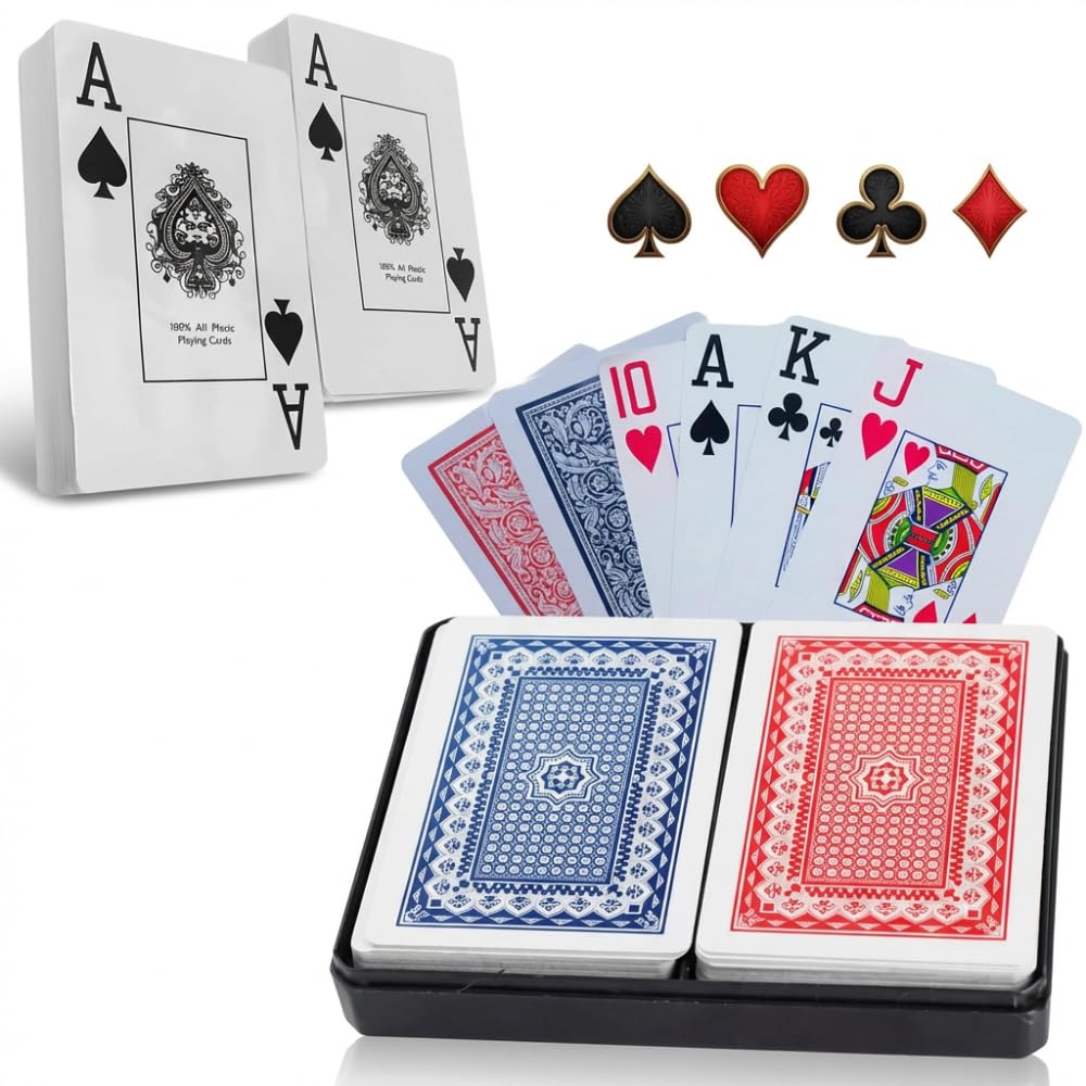 Kit 2x Baralho Profissional 100% Plástico Lavável – Kit com 2 Baralhos (54 Cartas Cada) com Estojo Acrílico, Cartas Impermeáveis e Alta Durabilidade para Poker, Truco e Jogos de Mesa.