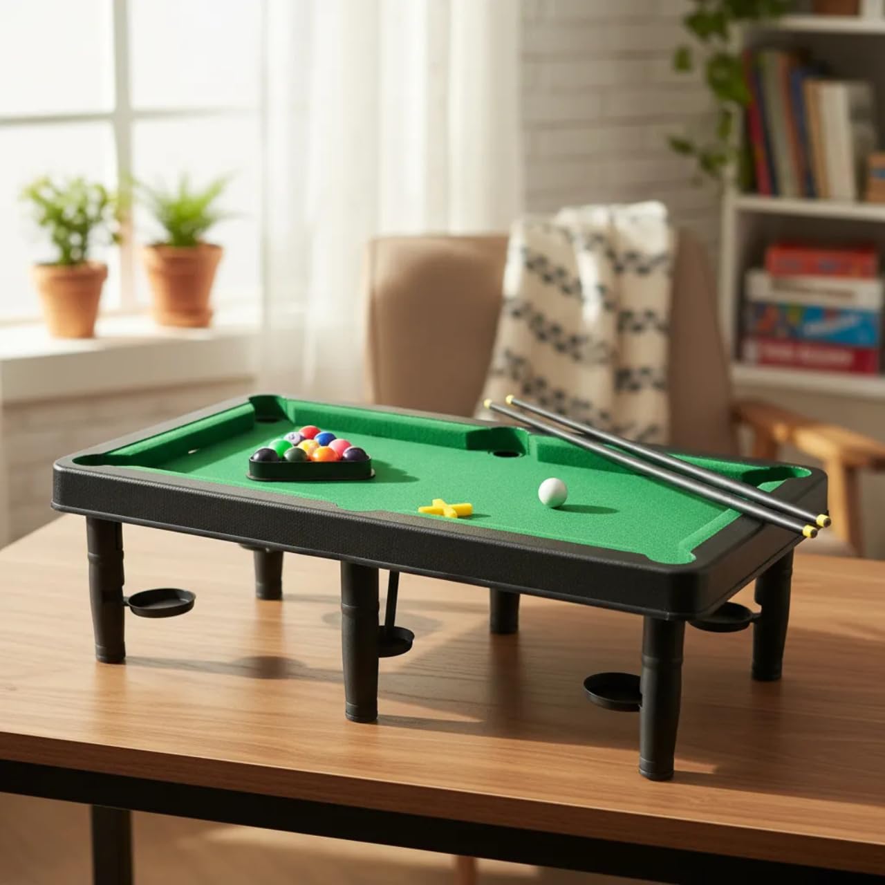 Mesa de Bilhar Infantil Portátil, Verde e Preta, 44x25cm, com 2 Tacos, 11 Bolas Coloridas, Base Plástica, Jogo de Sinuca para Crianças